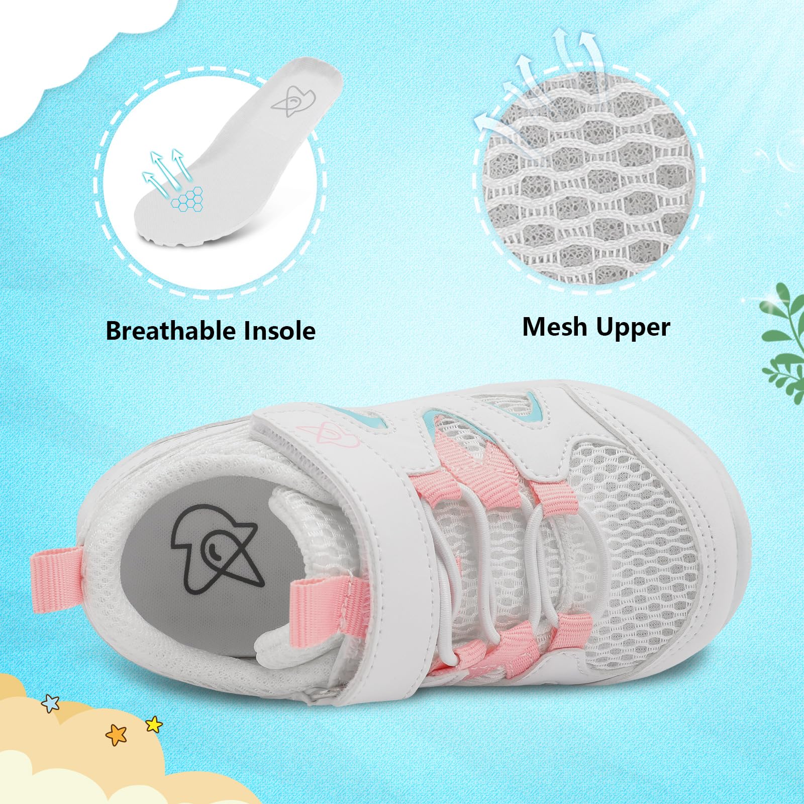 LeIsfIt Baby Shoes Boys Girls First Walking Shoes Non-Slip Toddler Breathable Sneakers Infant Sneakers White Color 12-18 Months