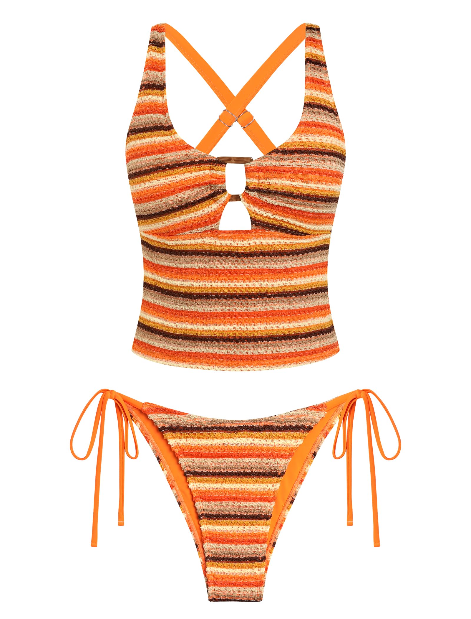 Photo 1 of ZAFUL Women's Tankini Set V Neck Tummy Control Floral Printed Tie Side Thong Bikini Swimsuits 2 Piece Bathing Suits(B-Orange Striped,S)
