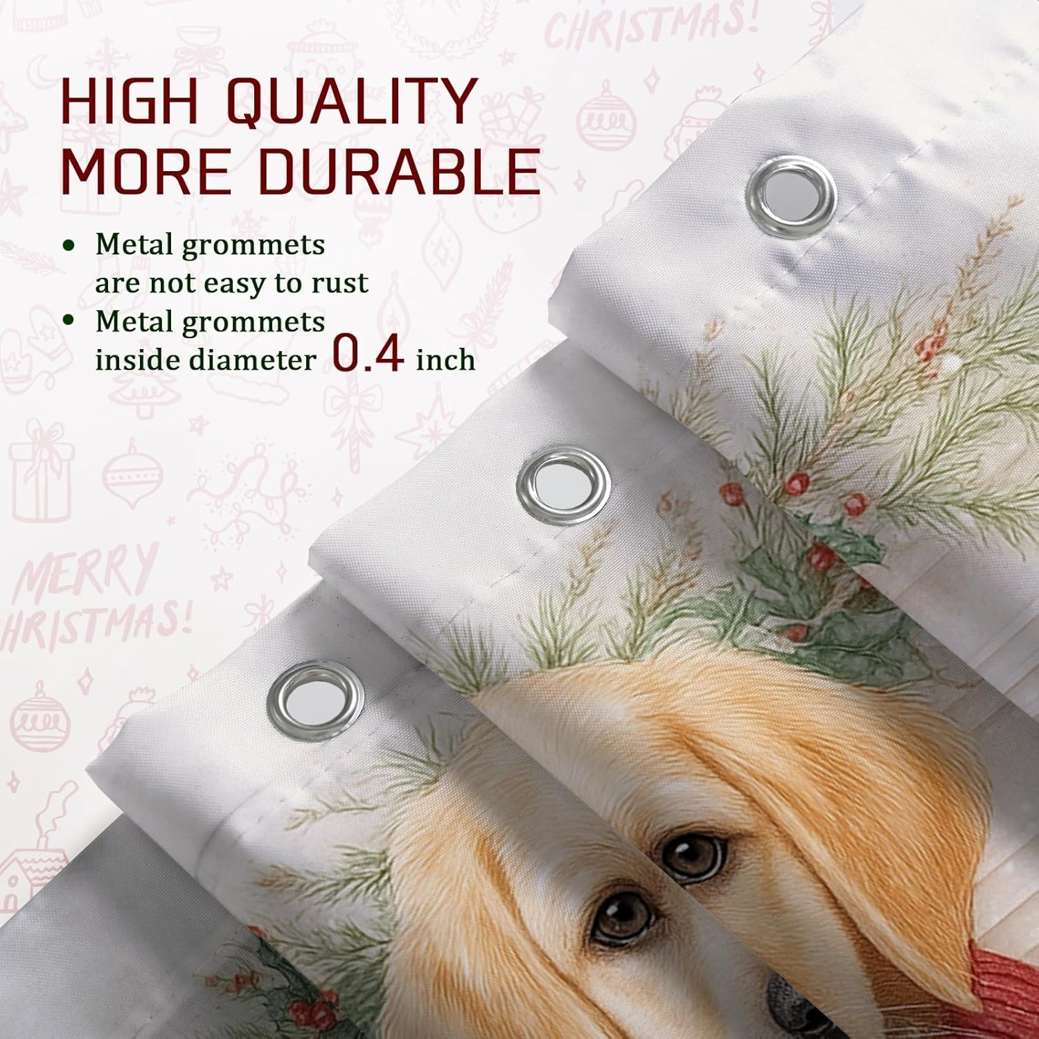 4pcs Christmas Dog Shower Curtain Set, Yellow Lab Red Green Holiday Bath Mat Rugs Accessories for Bathroom Decor, Winter Cute Waterproof Fabric Set 72x72 Inch