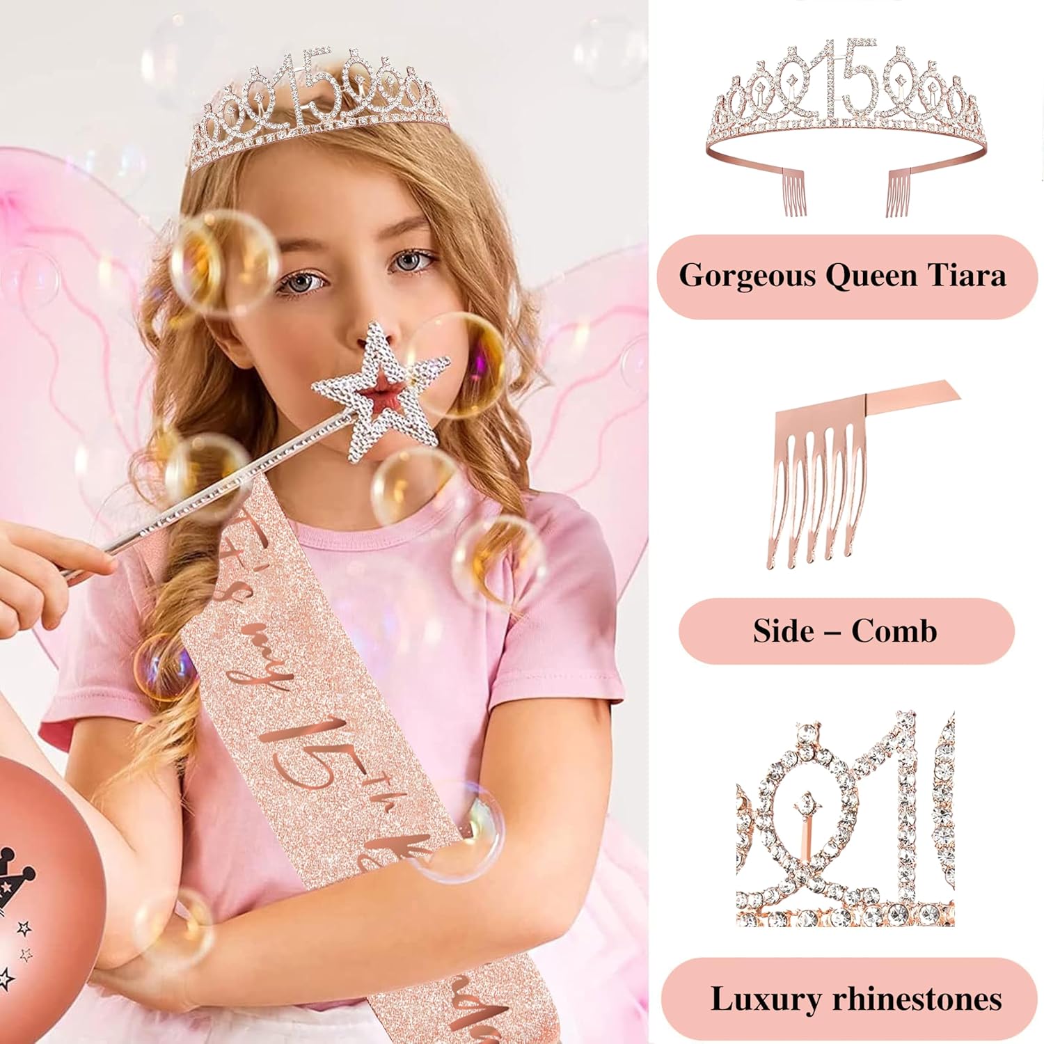 15th Birthday Decorations for Girls,Banner,Backdrop, it’s my 15th Birthday Sash, Sweet Rhinestone Tiara Crown,Balloons - Image 5