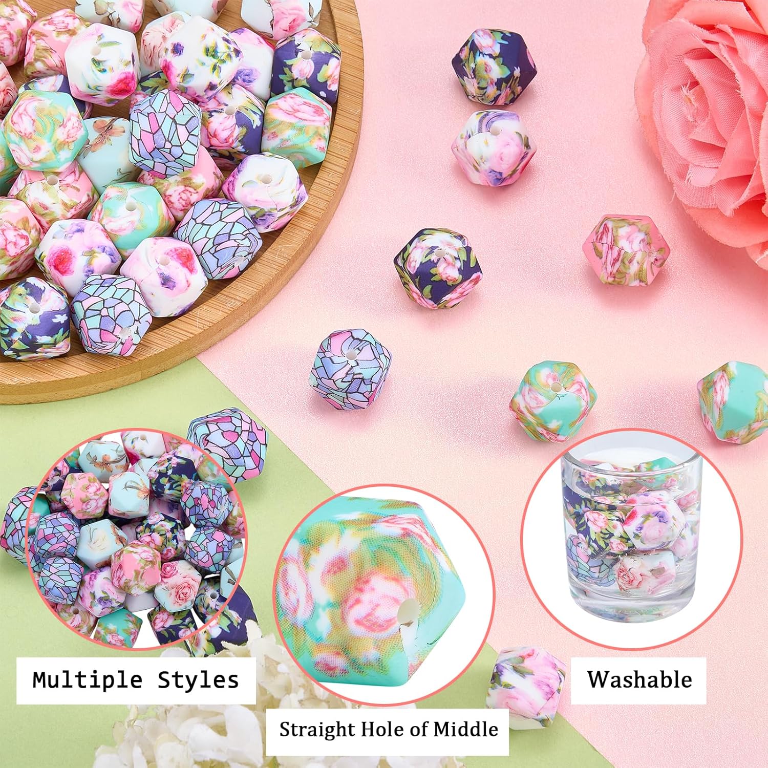 54Pcs 14mm Hexagon Silicone Beads for Keychain Making Unique Flower Print Silicone Charms Hexagonal Floral Focal Beads for Pens Necklace Bracelets Jewelry Making