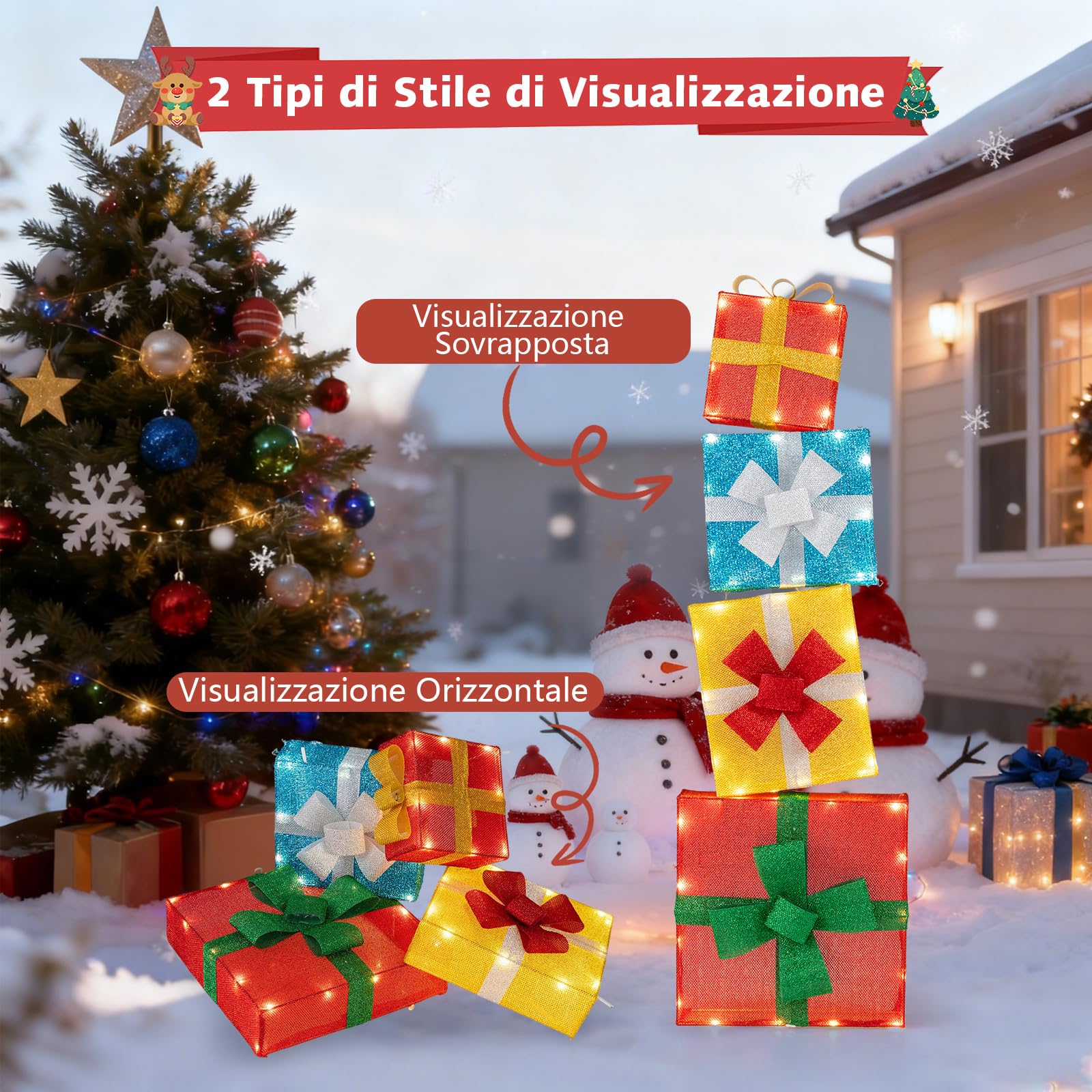 COSTWAY Scatole Regalo per Decorazioni di Natale, Set 2D da 4 Scatole Sovrapposte Preilluminate, Scatole Regalo Impilabili da 120 cm con LED e Fiocchi per Interni ed Esterni, Giardino, Cortile