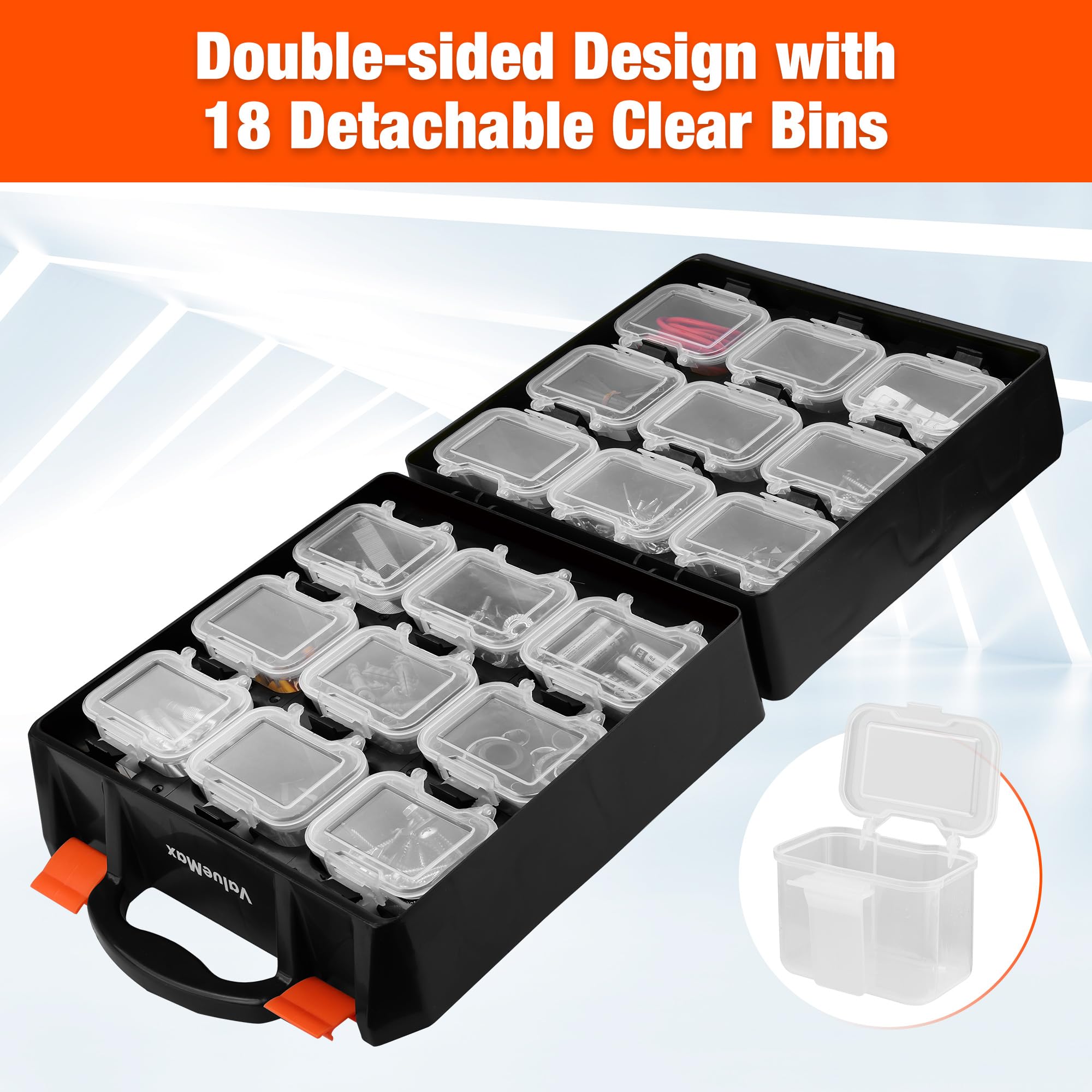 ValueMax Scatola organizer per piccole parti, cassetta degli attrezzi su entrambi i lati con 18 contenitori rimovibili, custodia portatile per viti e parti per dadi, bulloni e hardware