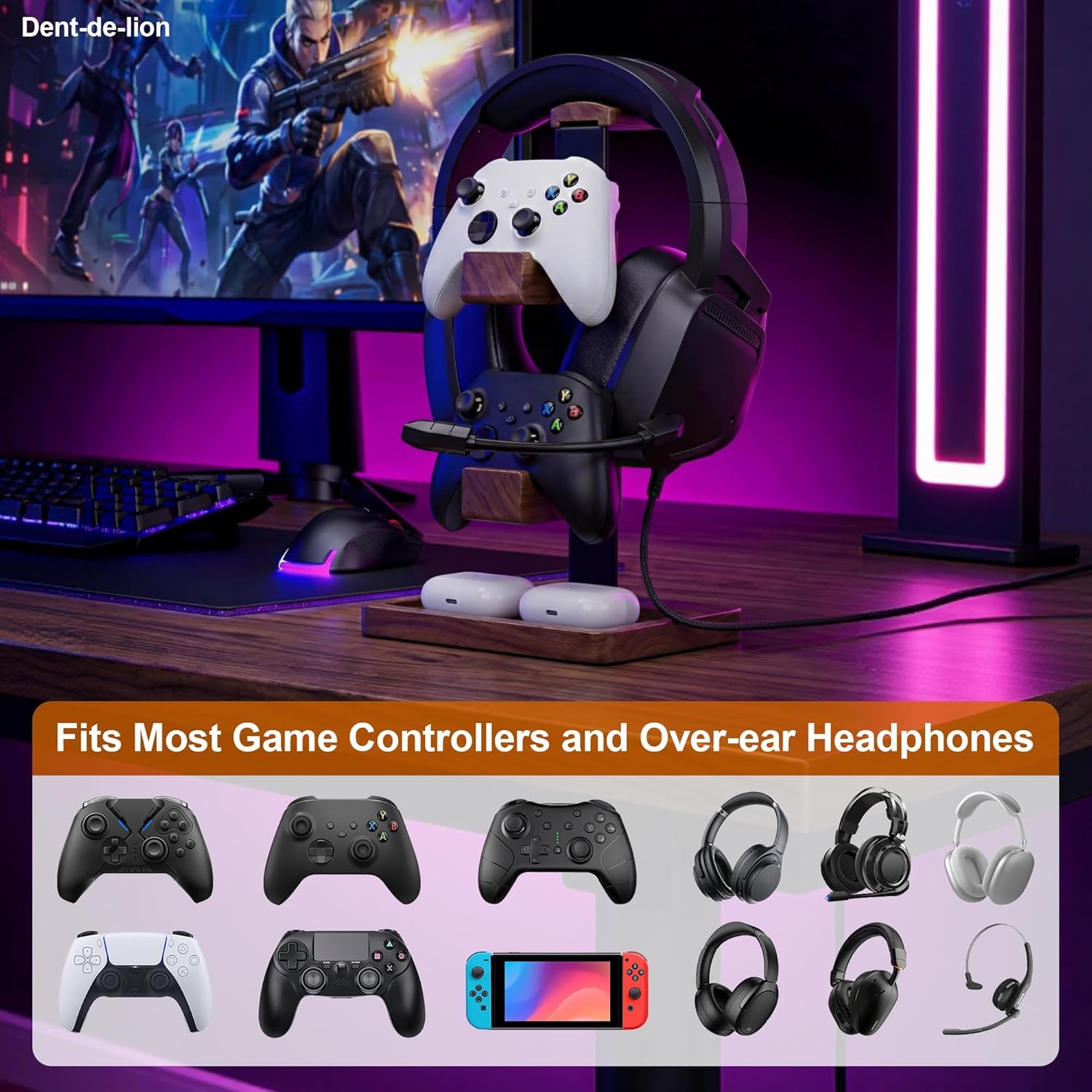 Dent-de-lion Headset Stand with Dual Game Controller Holder,Wooden Gaming Headphone Stand with Storage Base, Gaming Equipment Accessories for Desk and Game Room