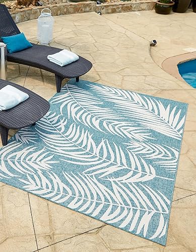Unique Loom - Tapete de la colección Outdoor Botanical, diseño de palmera (4.1 pies x 6.1 pies, rectangular, color aguamarina claromarfil)