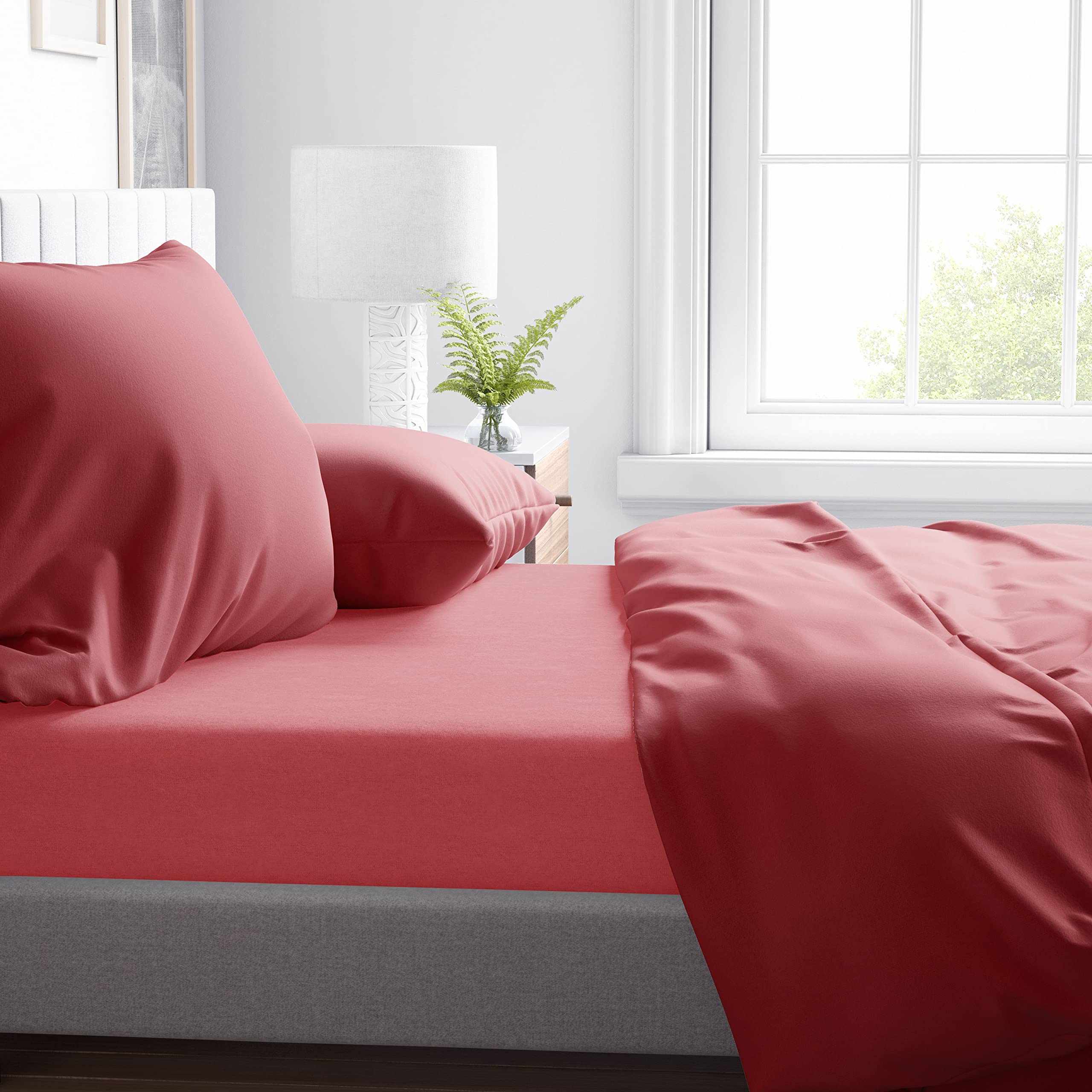 Nightcomfort Plain Dyed Fitted Bed Sheet Soft Touch Cotton Blend Easy Care Extra Deep Elasticated Skirt, Red