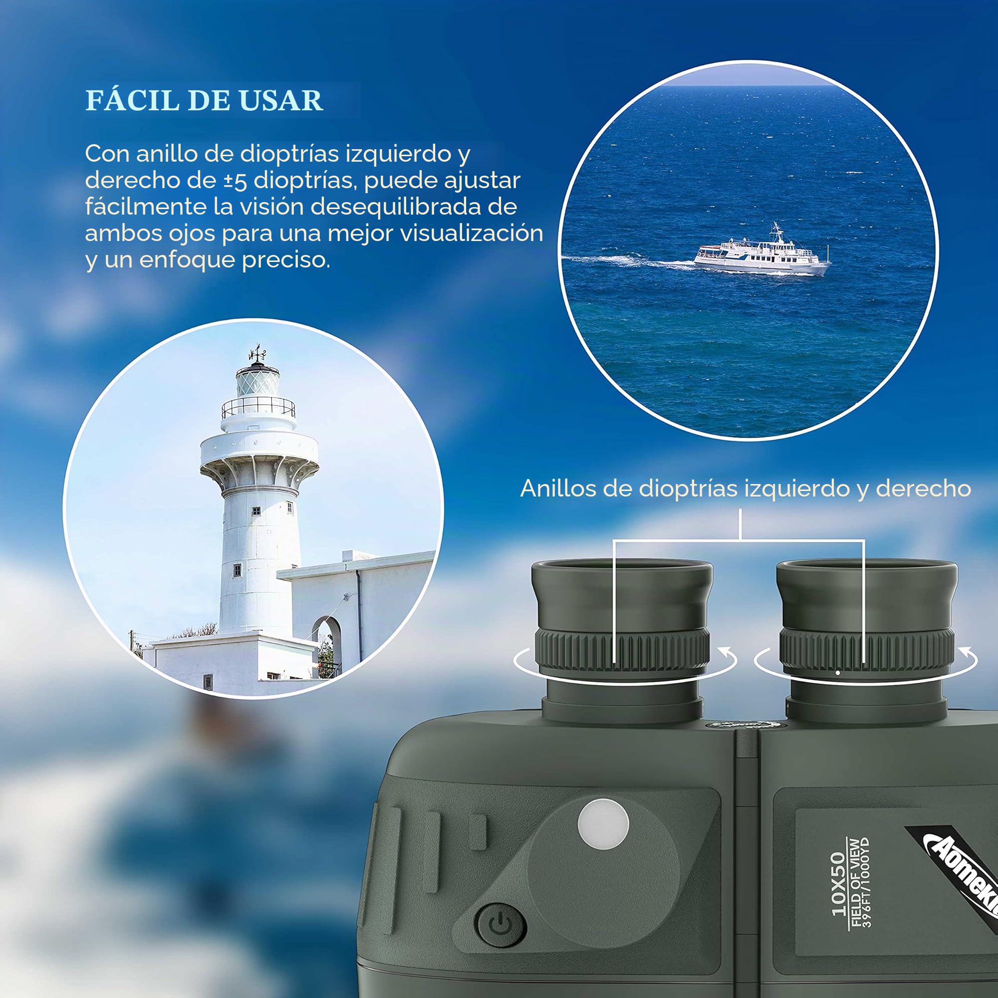 Aomekie Prismáticos Marinos 10X50 BAK4 Prismáticos Militares de Navegación de Uso Militar para Navegación Canotaje Pesca Deportes Acuáticos
