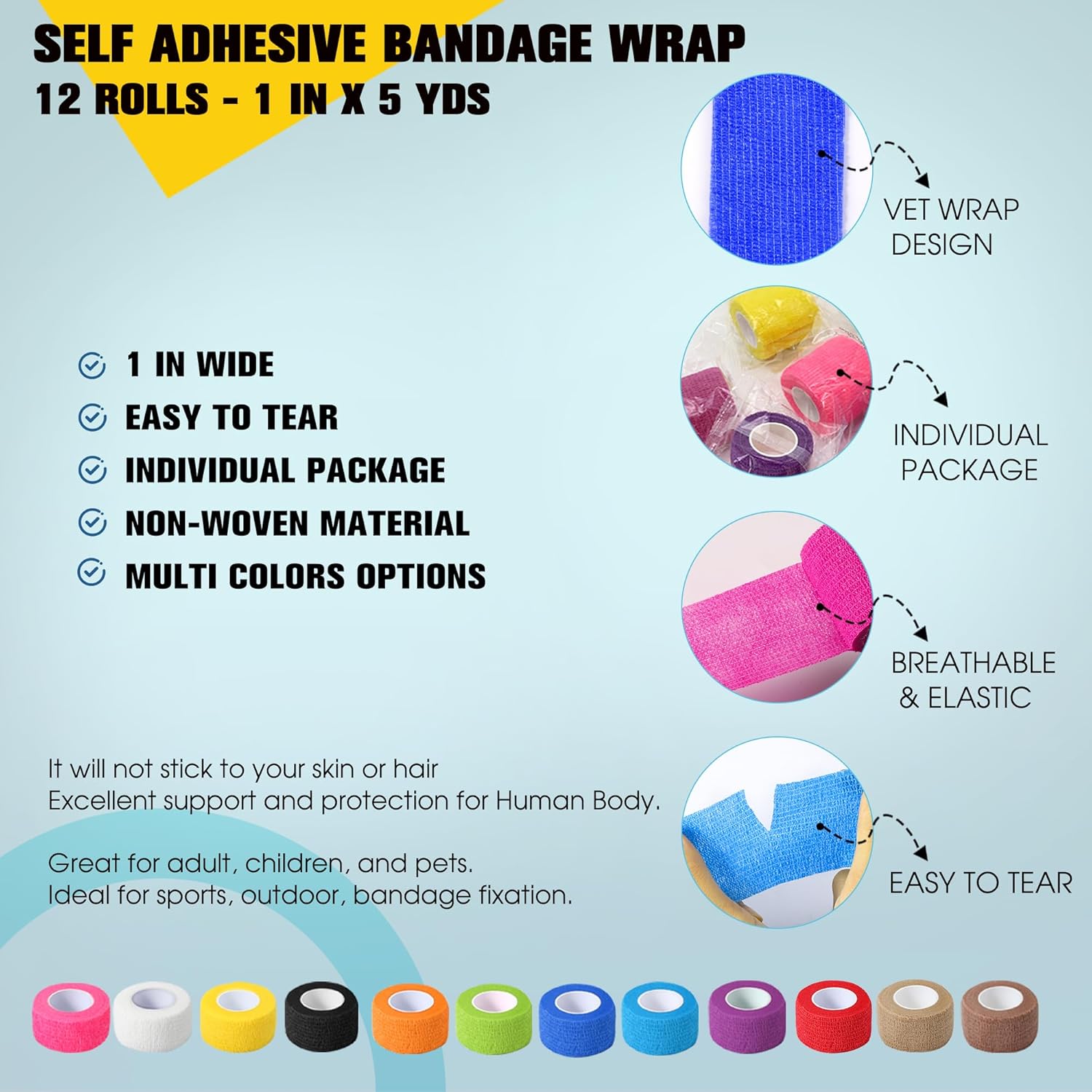 12 Pack Self Adhesive Bandage Wrap, 1 in x 5 Yards Non-Woven Self Adherent Cohesive Bandage, Vet Wrap Wound Tape for Thumb Finger Wrist Knee Ankle, Mix Colors - Image 2