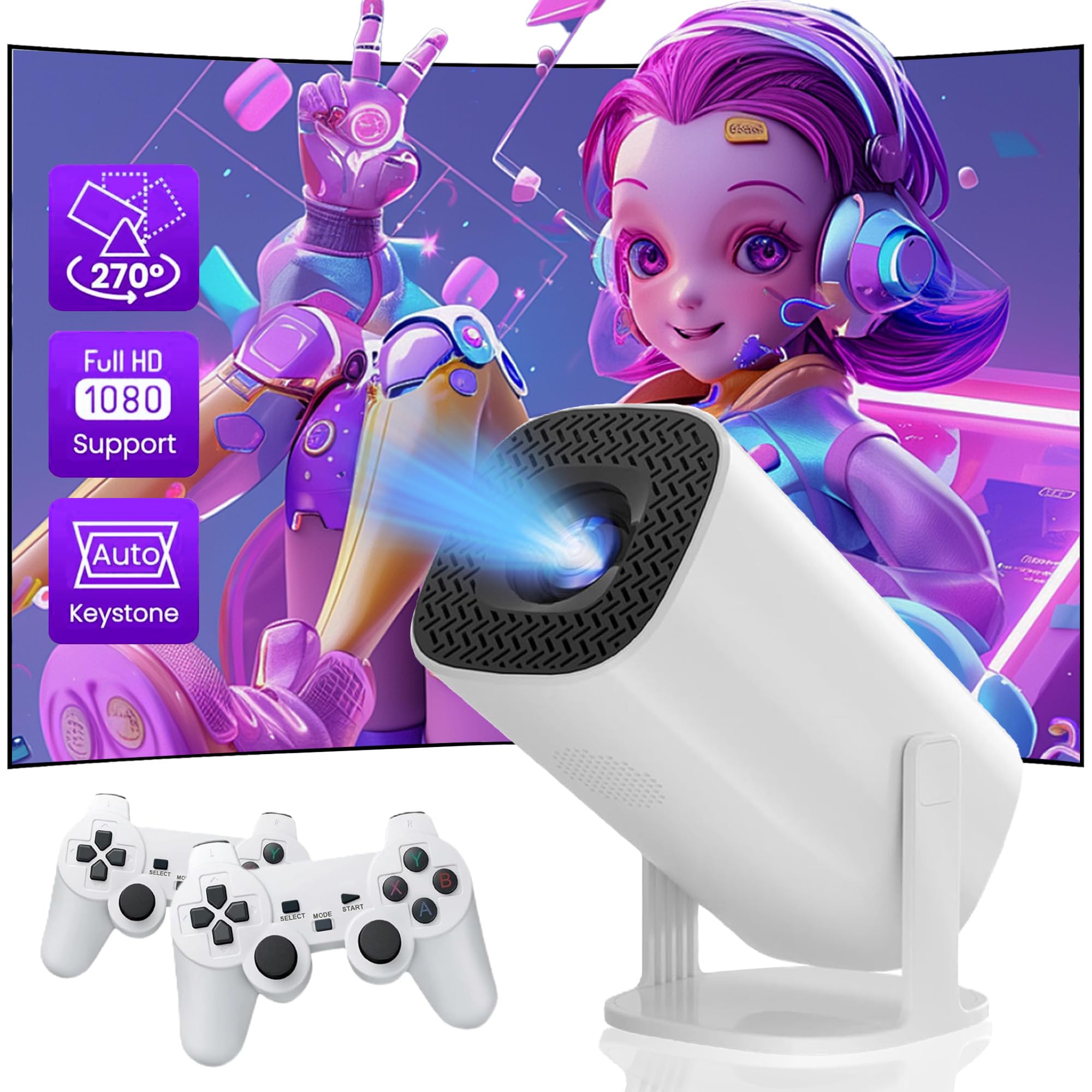 P30 MAX Projector with 2 Wireless Controllers, Mini Movie Projector with 30000 Retro Games, 4K Smart Video Game Console Projector with Keystone Automatic, Game Controller (128G)