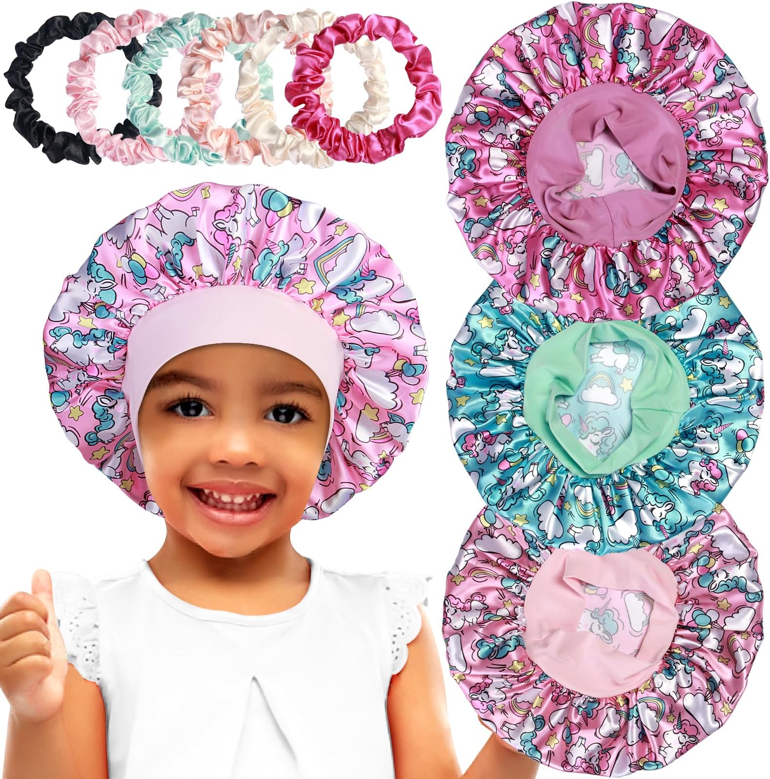 3pcs Satin Bonnets for Kids Sleeping, Cute Hair Bonnet with Scrunchies for Girls Curly Hair, A