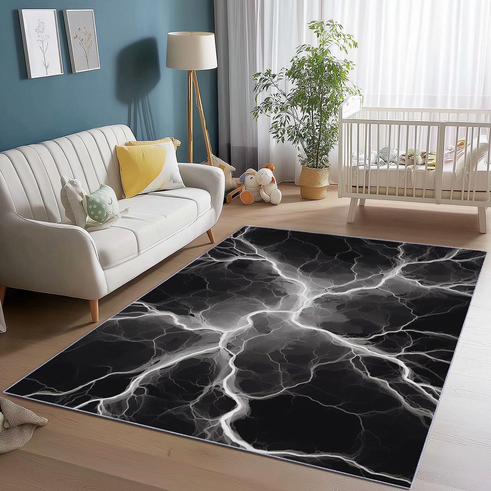 Teppich Wohnzimmer 120 x 170 cm,Teppich Schwarz Weiß Muster Waschbarer Fantasie Blitz Linien Texturen Teppiche Schlafzimmer Kurzflor Teppiche für Wohnzimmer Kinderzimmer