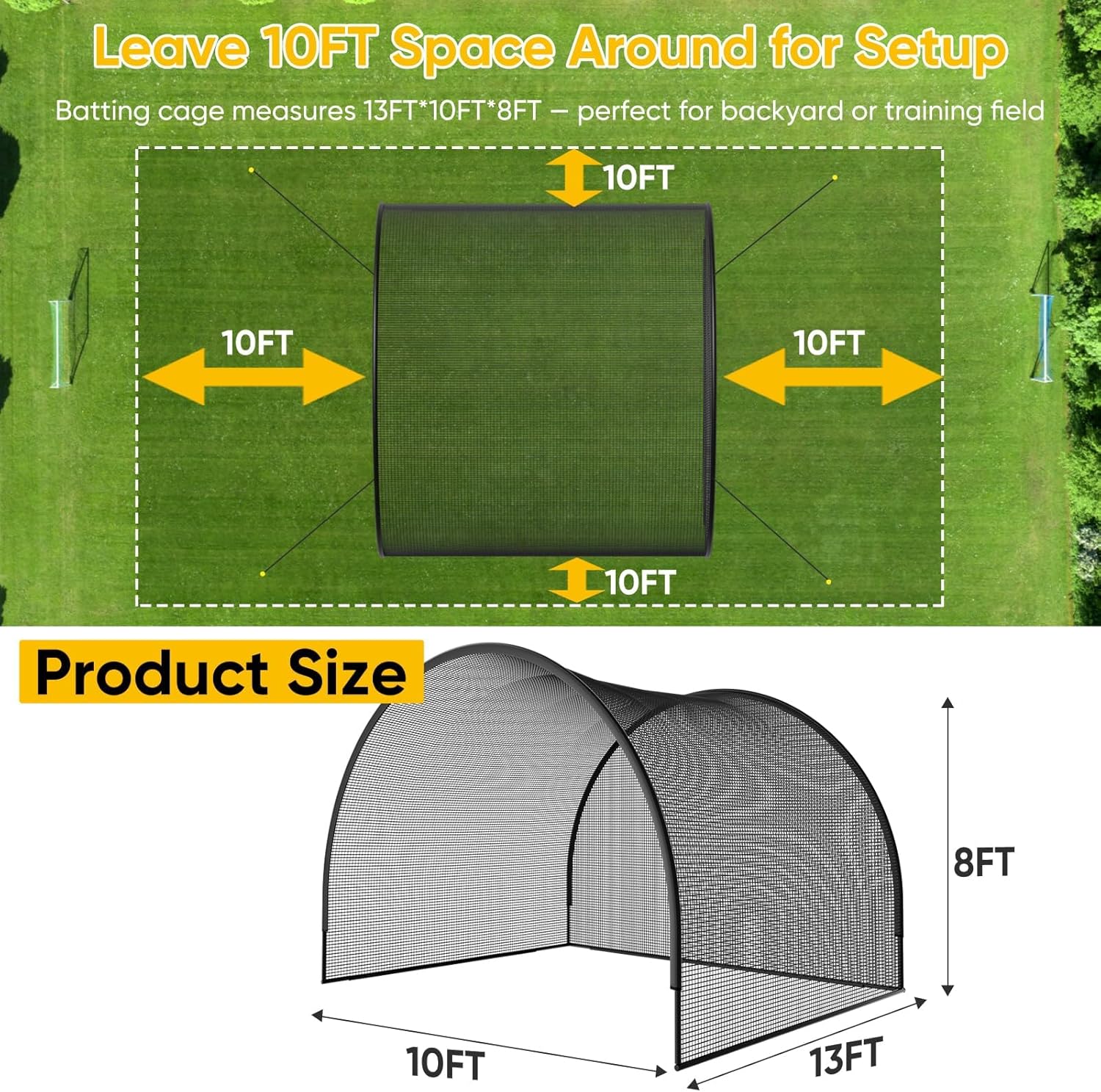 13FT Compact Backyard Baseball & Softball Batting Cage – Portable Batting Net with Sturdy Frame & Carry Bag, Ideal for Kids & Family Practice, 13 x 10 x 8 ft
