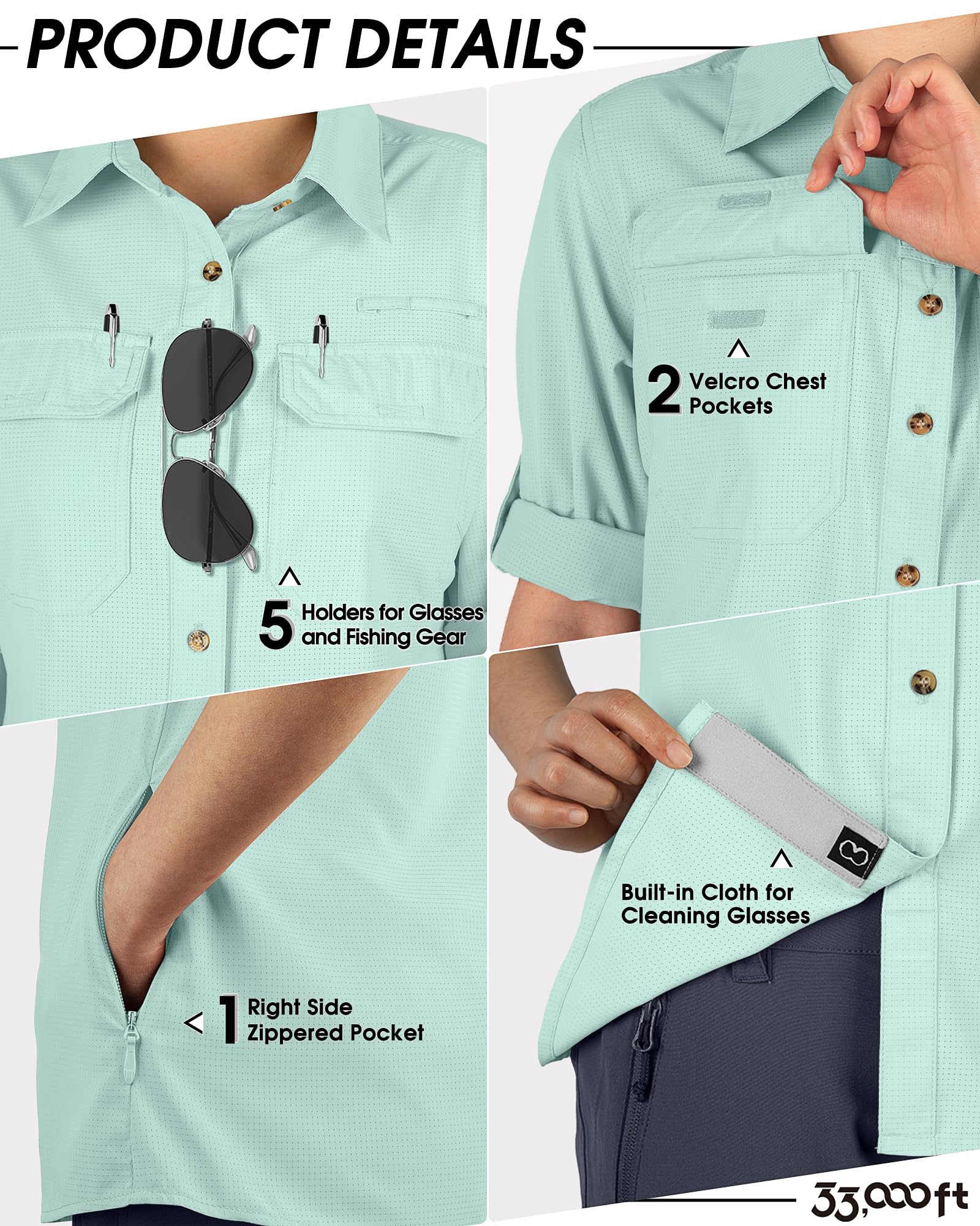 Camisa de mujer de 33,000 pies, protección UV UPF50+, secado rápido, manga larga, para pesca, safari, viajes, golf, verde claro, M