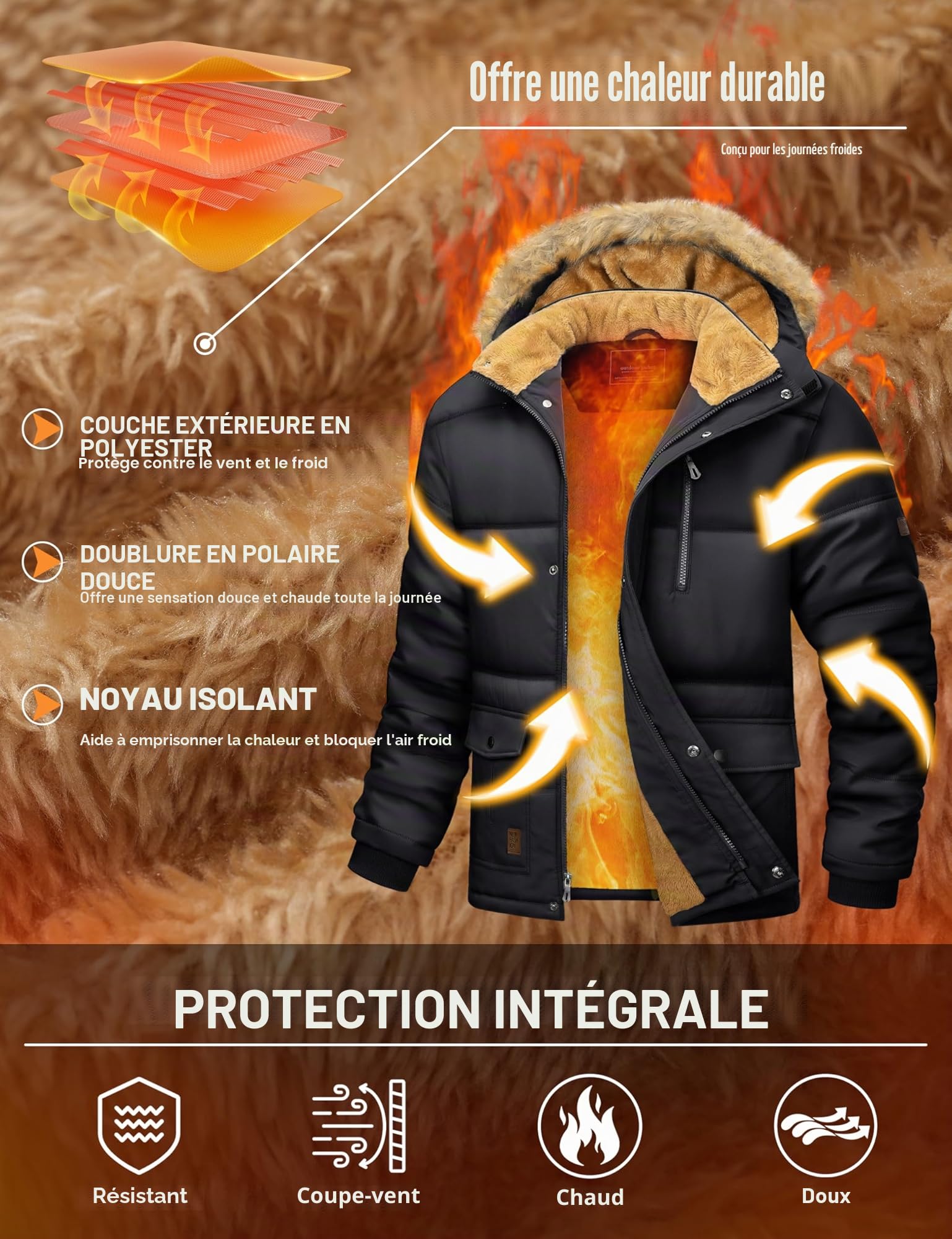 MAGCOMSEN Veste d'hiver pour homme - Coupe-vent - Polaire chaude - Loisirs - Transition - Doublure imperméable - Randonnée épaisse - Travail