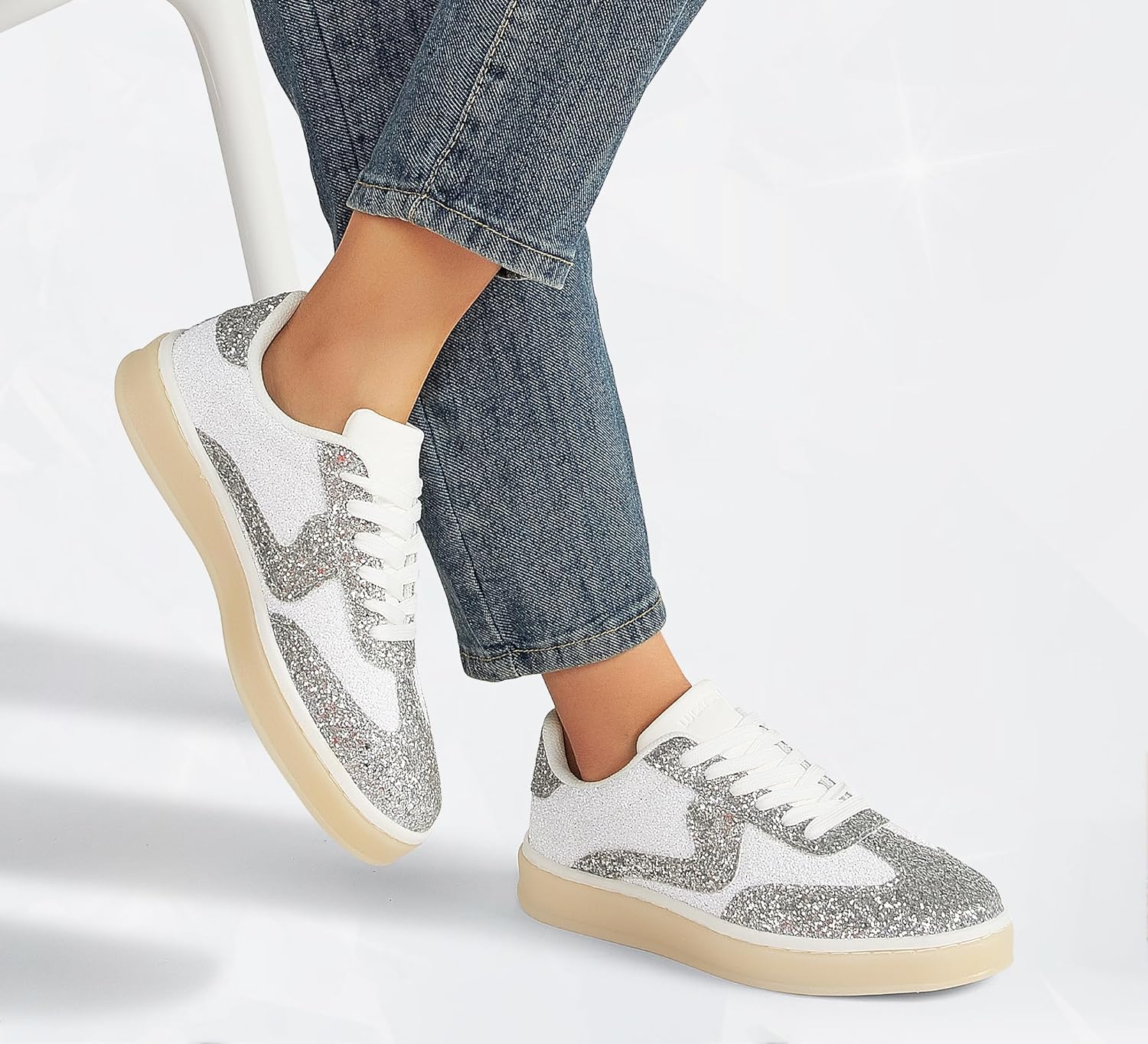 LUCKY STEP Women's Glitter Sneakers Fashion Retro Casual Sparkly Bling Shiny Dressy Bedazzled Bridal Wedding Anti Slip Walking Shoes - Image 2