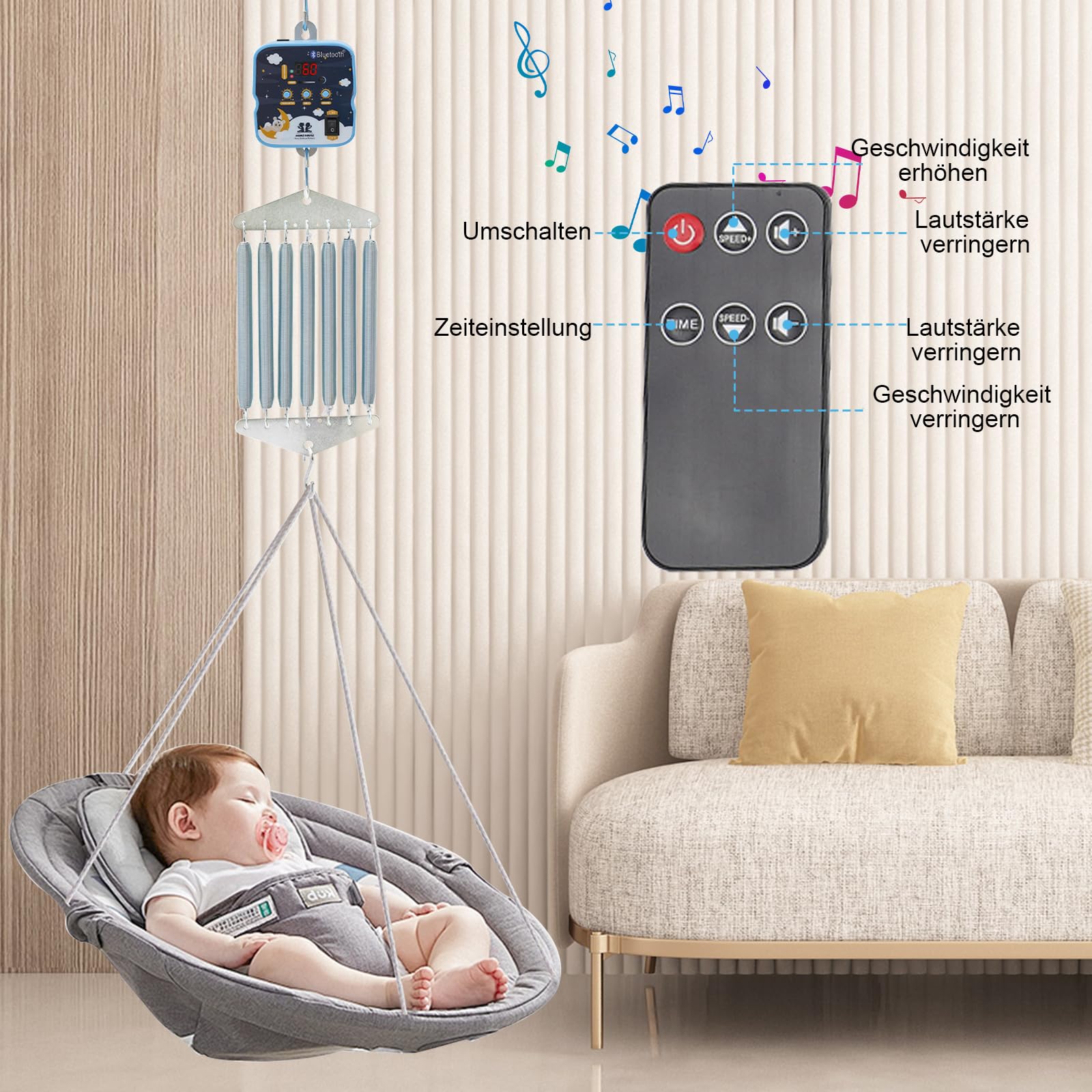 Cuna eléctrica de plumas para bebé, capacidad de carga de 19 kg, 7 muelles, columpio eléctrico para bebé, control de 9 velocidades, 6 temporizadores, controlador de cuna para bebé