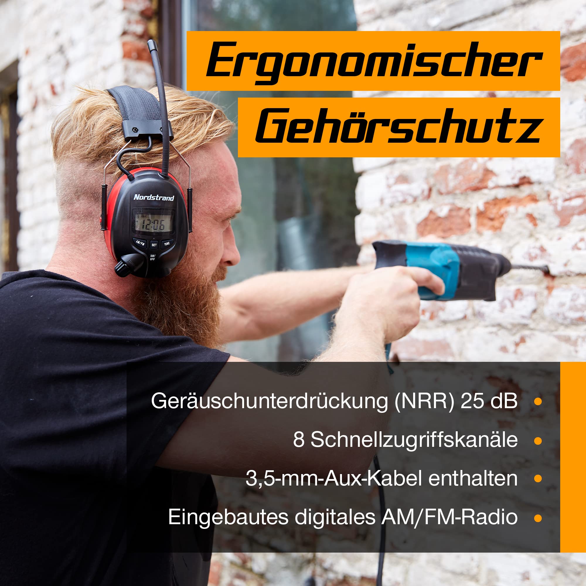 Nordstrand Słuchawki ochronne nauszne nauszne – radio AM/FM – gniazdo stereo do telefonu - NRR 25dB