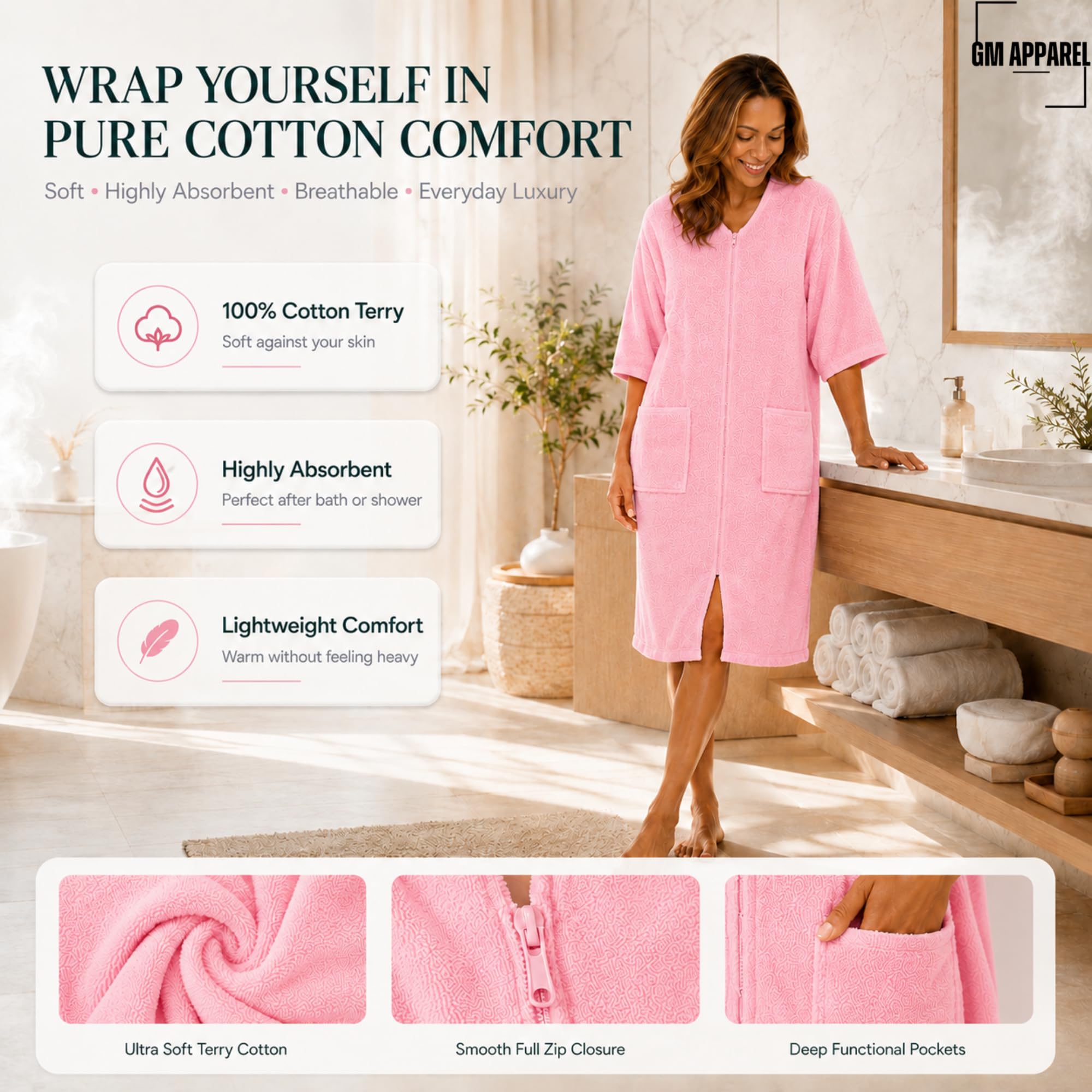 GM Apparel Albornoz con cremallera para mujer, 100 % algodón, toalla de rizo altamente absorbente