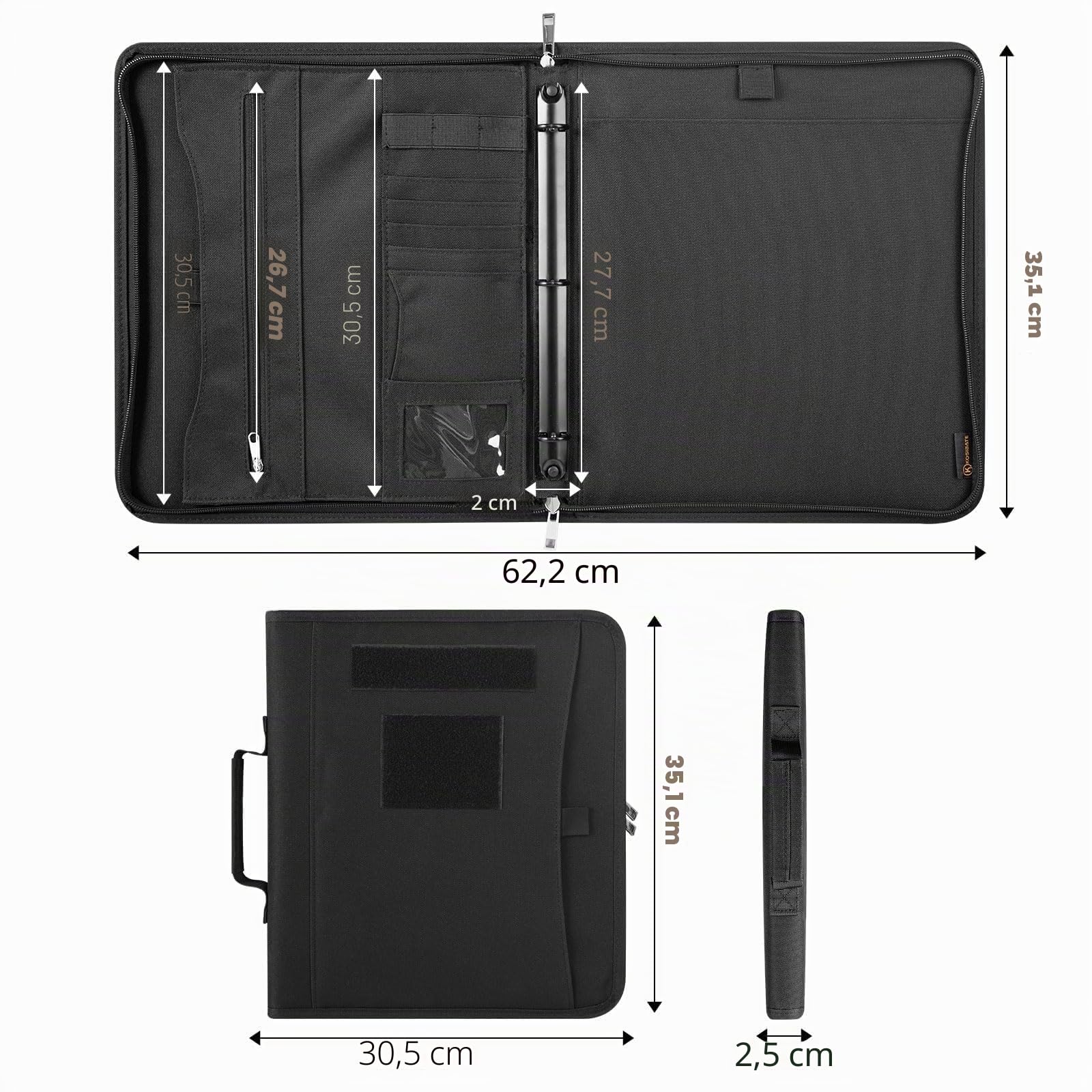 Kosibate Taktisches Padfolio-Ordner mit Reißverschluss und 25 Blatt Papier in Briefgröße, Notizbuchhülle, taktisches Notizbuch mit Reißverschluss für Ordner, abnehmbarer 3-Ringordner (A4, Schwarz