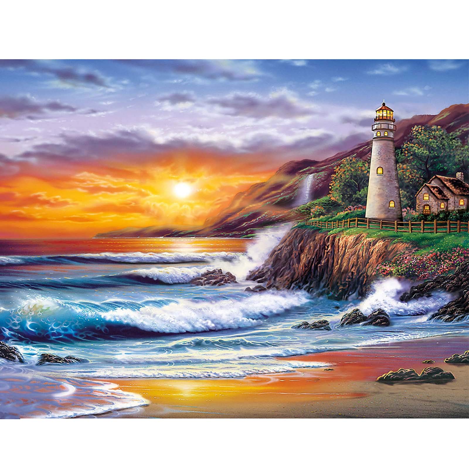 Ginfonr 5D DIY Diamond Painting Sunset Scenery by Number Kits Full Drill for Adults, Lighthouse in the Sunset Paint with Diamonds Art Space Rhinestone Cross Stitch Craft Decor (12x16inch)