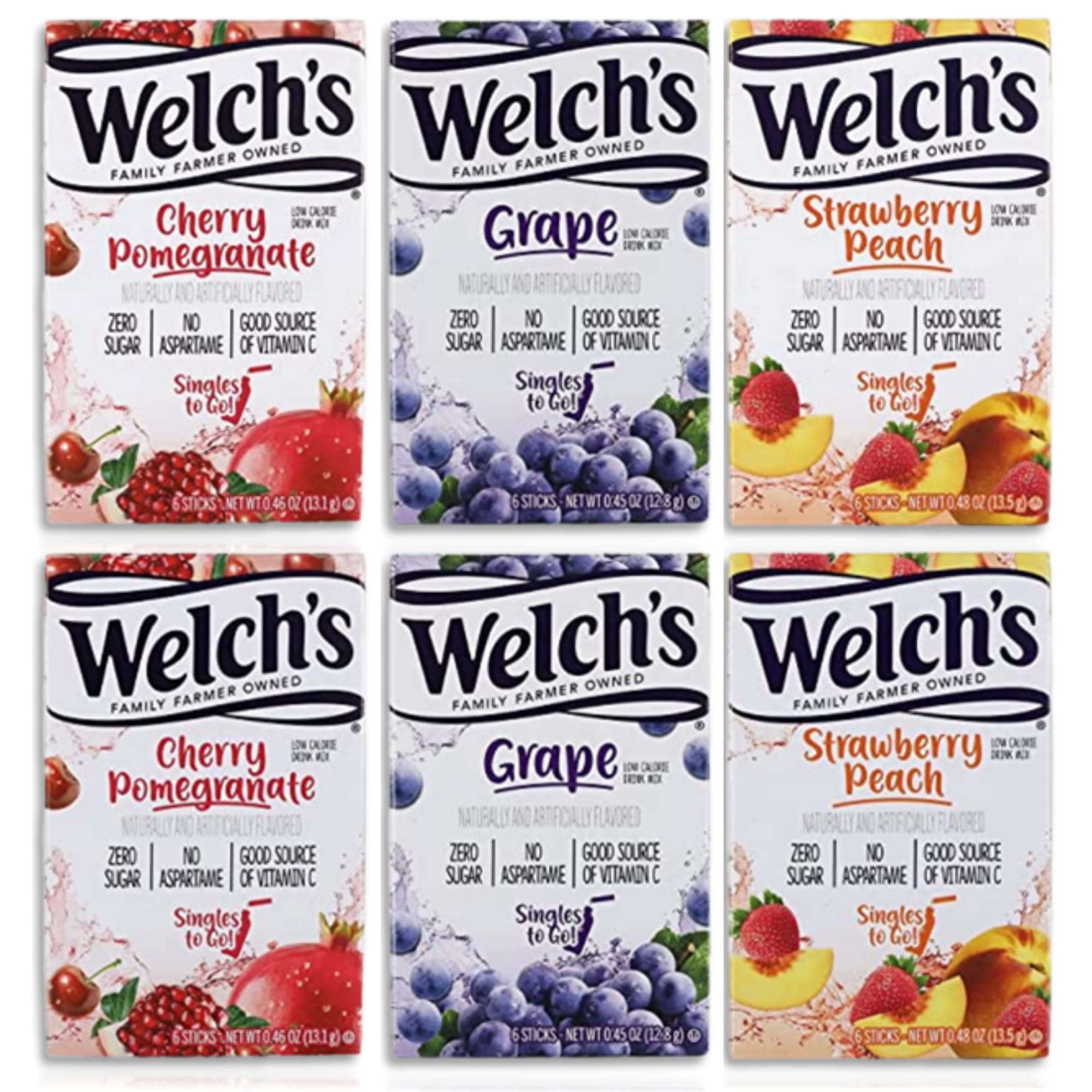 Singles To Go Variety Pack Bundle. Includes 6 Boxes of Welchs Singles To Go Drink Mix. 2 Boxes Each: Grape, Strawberry Peach & Cherry Pomegranate Drink Mix. Comes with a BELLATAVO Fridge Magnet!