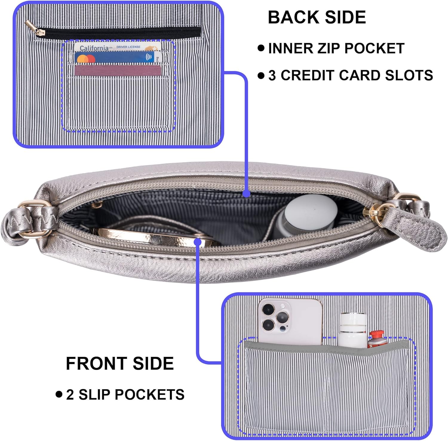 Solene Small Multi Zipper Pocket Crossbody Bag with Adjustable Strap, Lightweight Travel Purse, Daily Small Messenger Pouch - Image 6