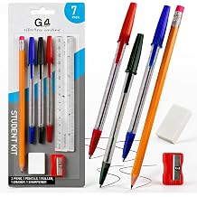 G4GADGET 7 Piece Student Stationery Set 3 Ballpoint Pens, HB Pencil, 15cm Ruler, Eraser & Pencil Sharpener School Stationery Kit, Writing Supplies for Students, Homework & Classroom