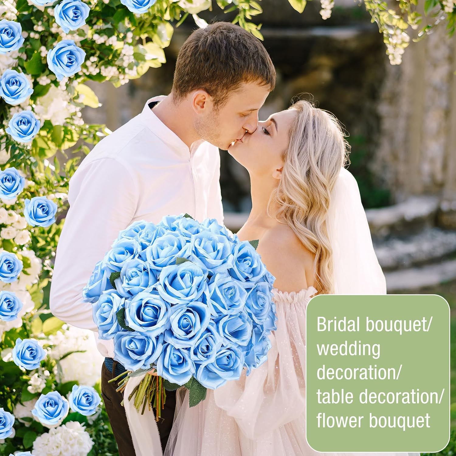 Thiccywoov 30 Pcs Rose Artificial Flowers in Bulk Lifelike Long Stem Silk Roses Bouquets Realistic Faux Flowers for Wedding Bridal Shower Home Decor Floral Arrangements Table Centerpiece(Light Blue)