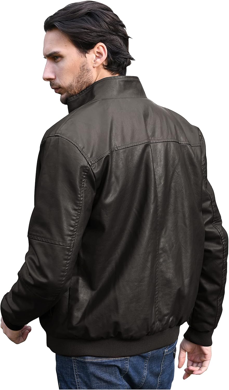 WenVen Men's Stand Collar Fleece Lined Bomber Faux Leather Jacket Warm Winter Coat - Image 4