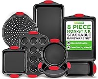 NutriChef 8-Piece Non-Stick Bakeware Set - Commercial Grade Oven Baking Pans with Silicone Handles, Stackable Gray NCSBS8S