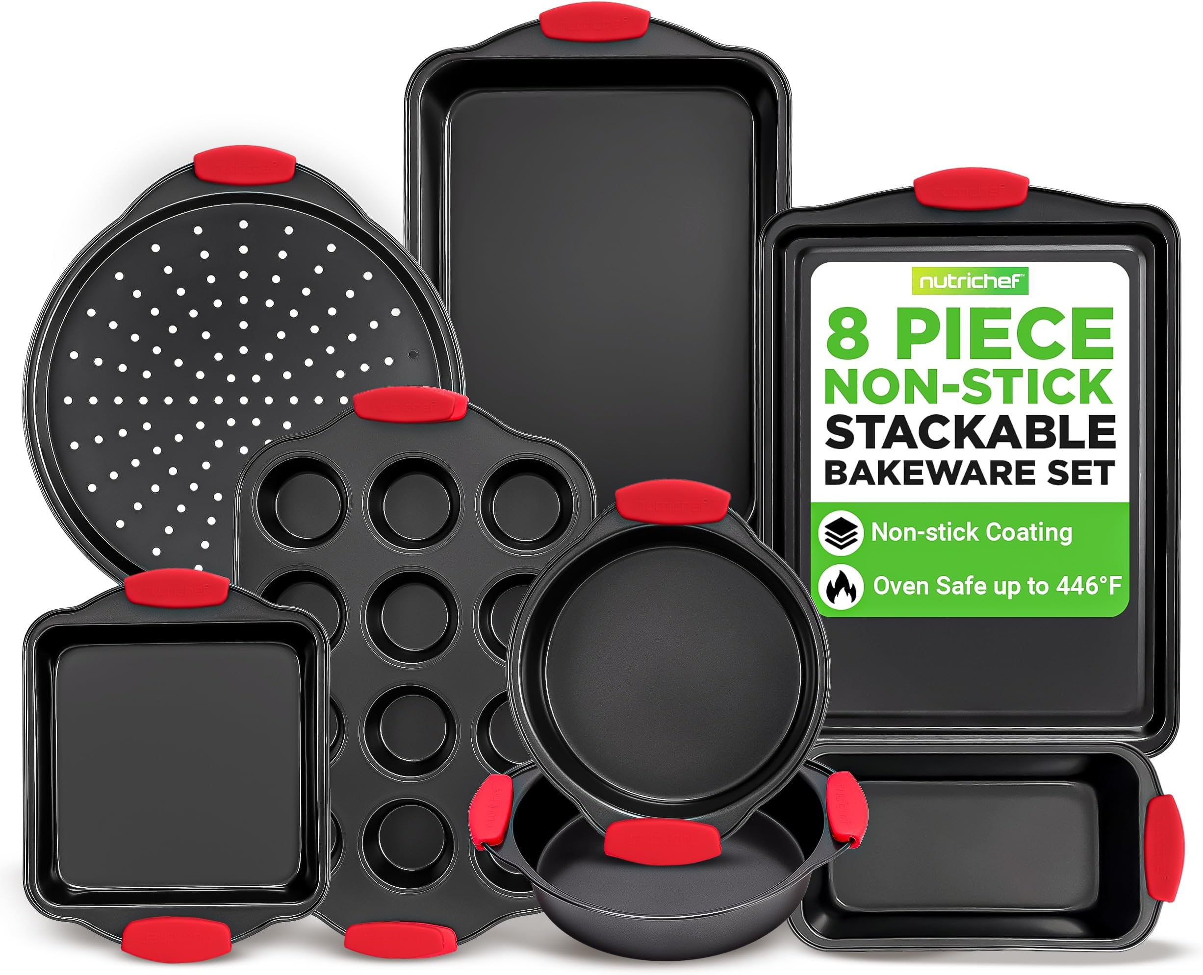 8-Piece Non-Stick Baking Tray Set, Stackable Oven-Safe Bakeware, Cookie Sheet, Loaf, Pizza, Muffin, Cake, Round & Square Pans, Non-Stick Trays with Red Silicone Handles
