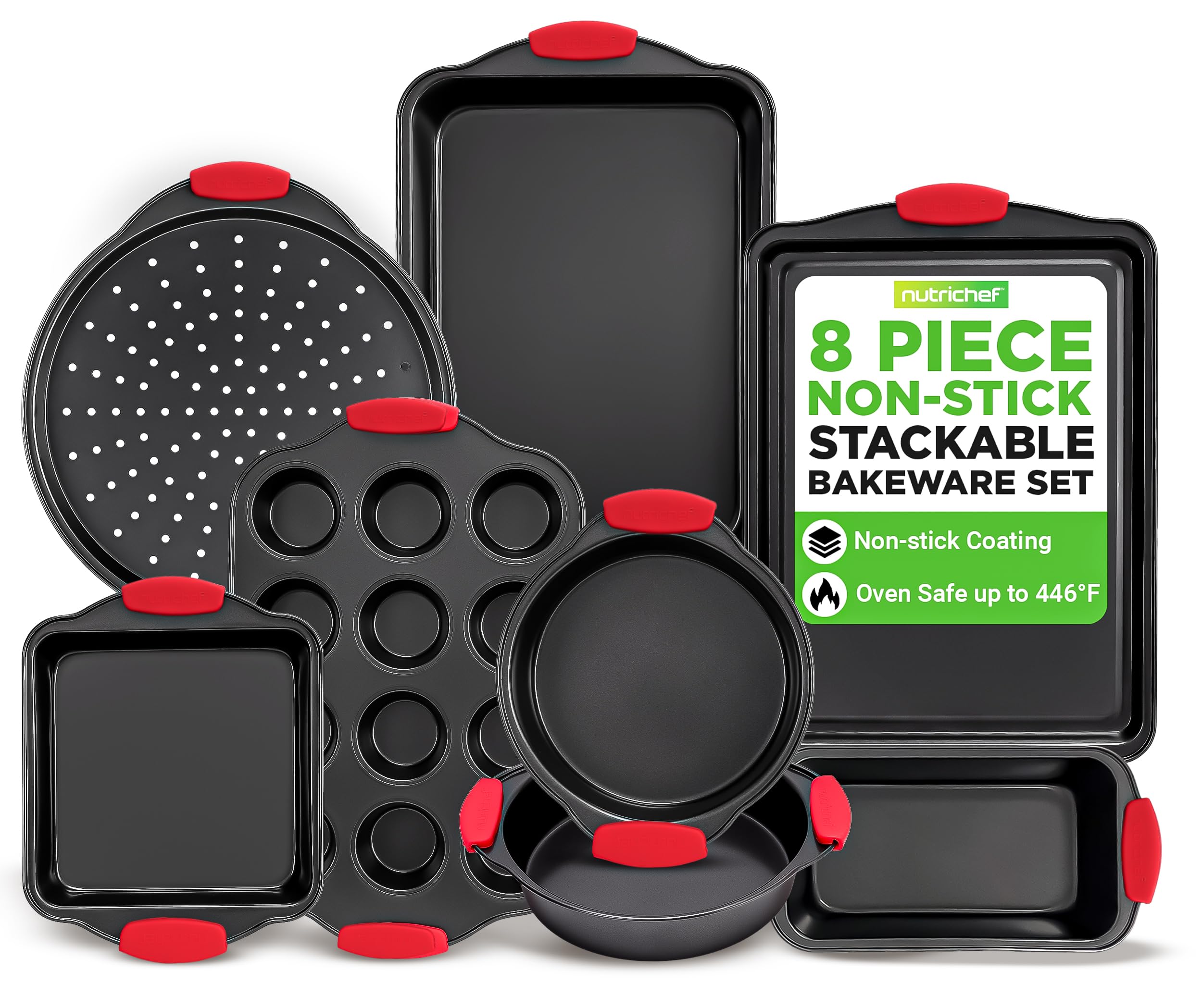 NutriChef 8-Piece Non-Stick Baking Tray Set, Stackable Oven-Safe Bakeware, Cookie Sheet, Loaf, Pizza, Muffin, Cake, Round & Square Pans, Non-Stick Trays with Red Silicone Handles
