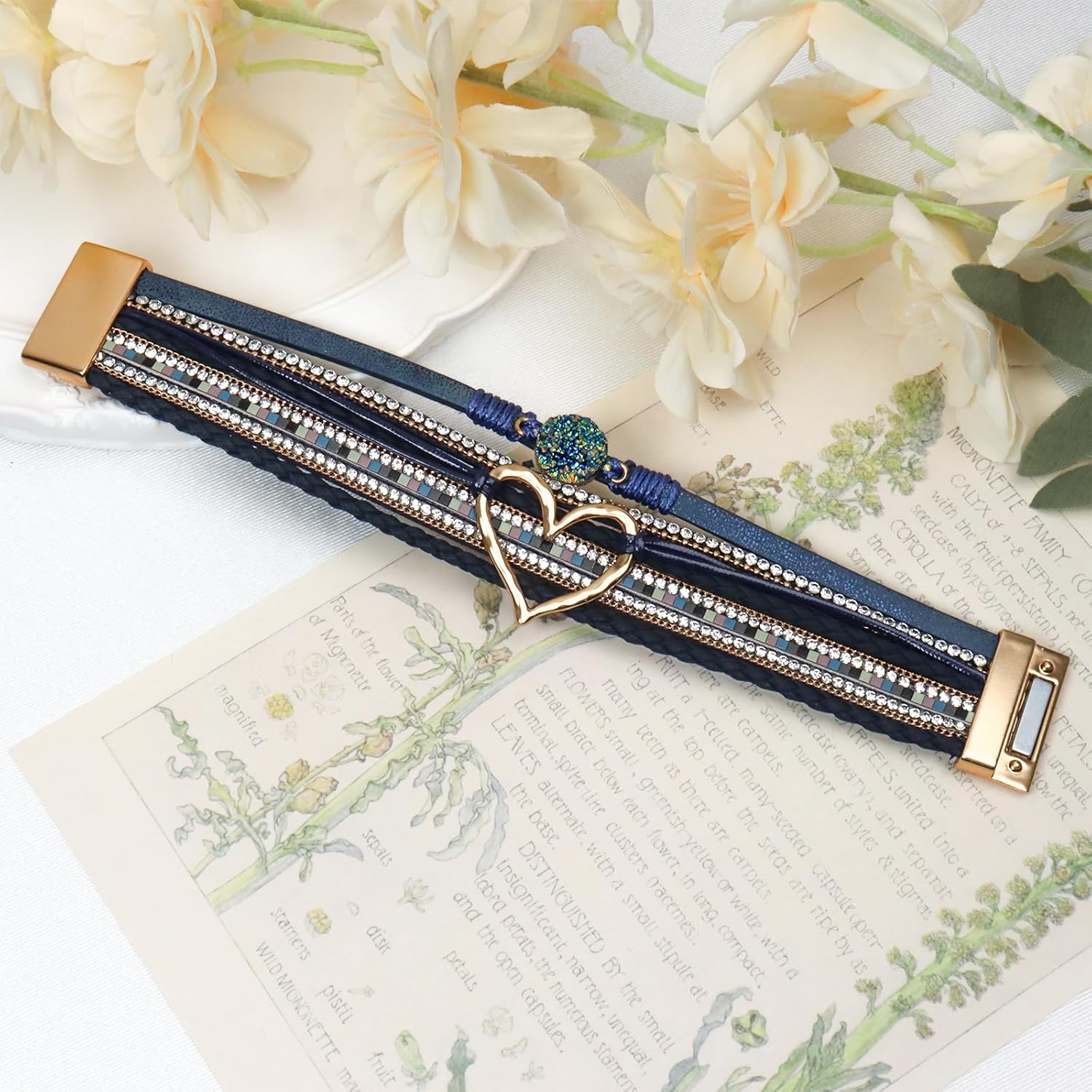 Leather Wrap Bracelet for Women, Boho Cuff Bracelet with Strong Clasp, Multi-Layer Crystal Leather Bracelet for Valentine's Day - Image 4