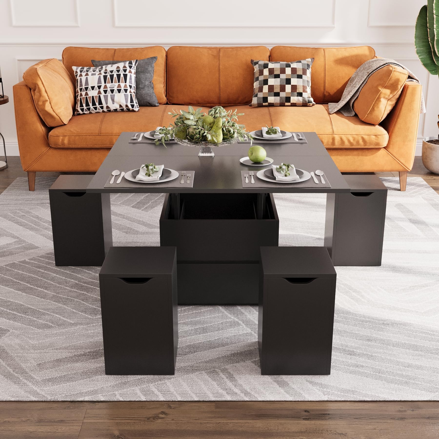 Multifunctional Lift Top Coffee Table with Extendable Dining Table and 4 Stools White