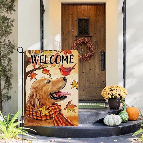 Miniatura 5 de Selmad Bandera decorativa de jardín con texto en inglés "Welcome Fall Golden Retriever", diseño de pájaro rojo con hojas de arce, para el hogar,