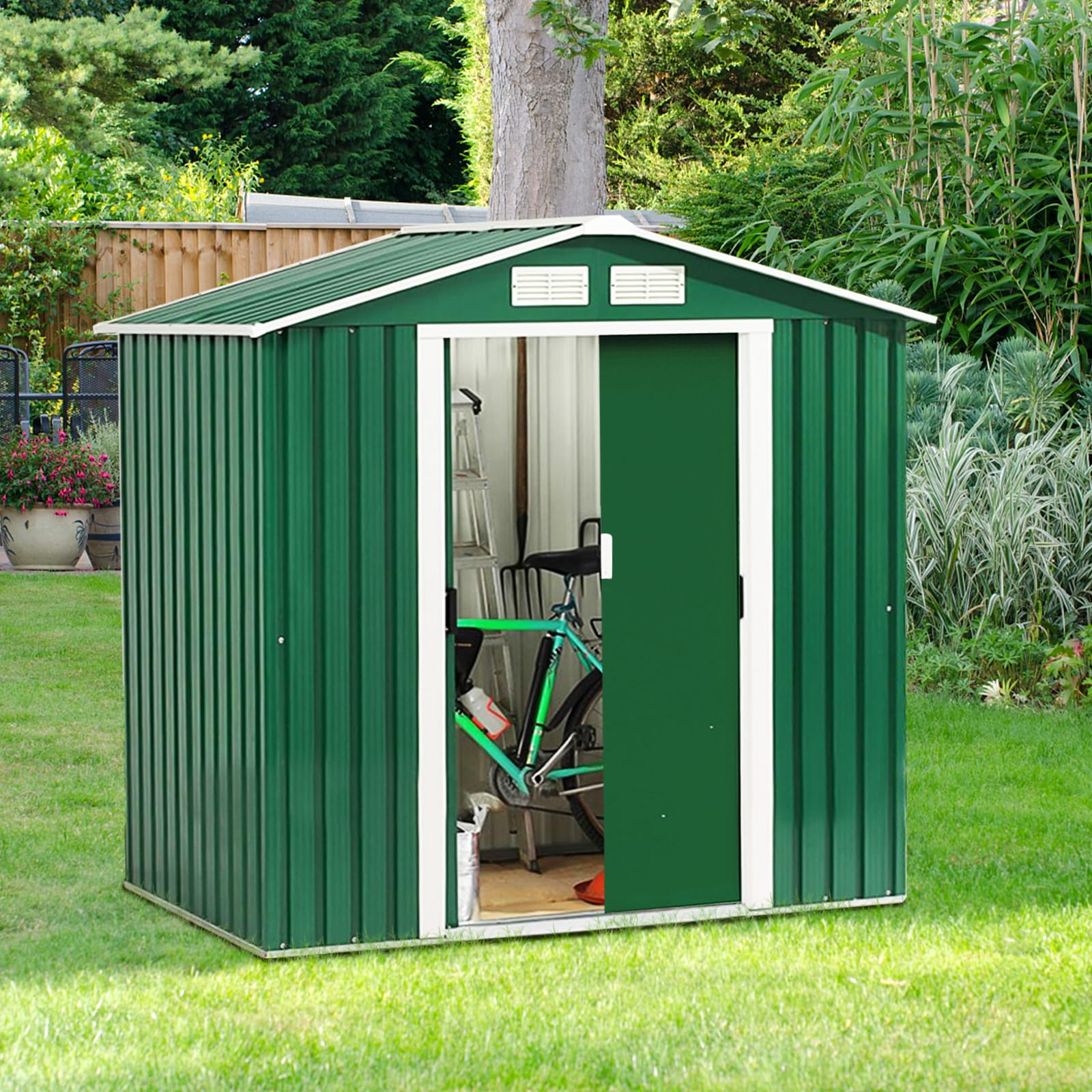 COSTWAY Caseta Jardin Exterior con Base Metálica con Puerta, 213x127x185cm, Exterior Caseta de Jardín Metálica Herramienta Almacenamiento, Cobertizo Jardin Exterior Grande (Verde Oscuro)