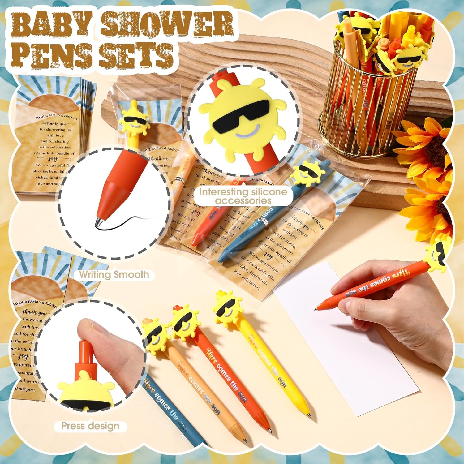 Sayglossy 100 Sets Here Comes The Son Theme Baby Shower Favors for Guests Ballpoint Thank You Card Organza Bag Boho Sunshine Baby Shower Gifts for Gender Reveal Party