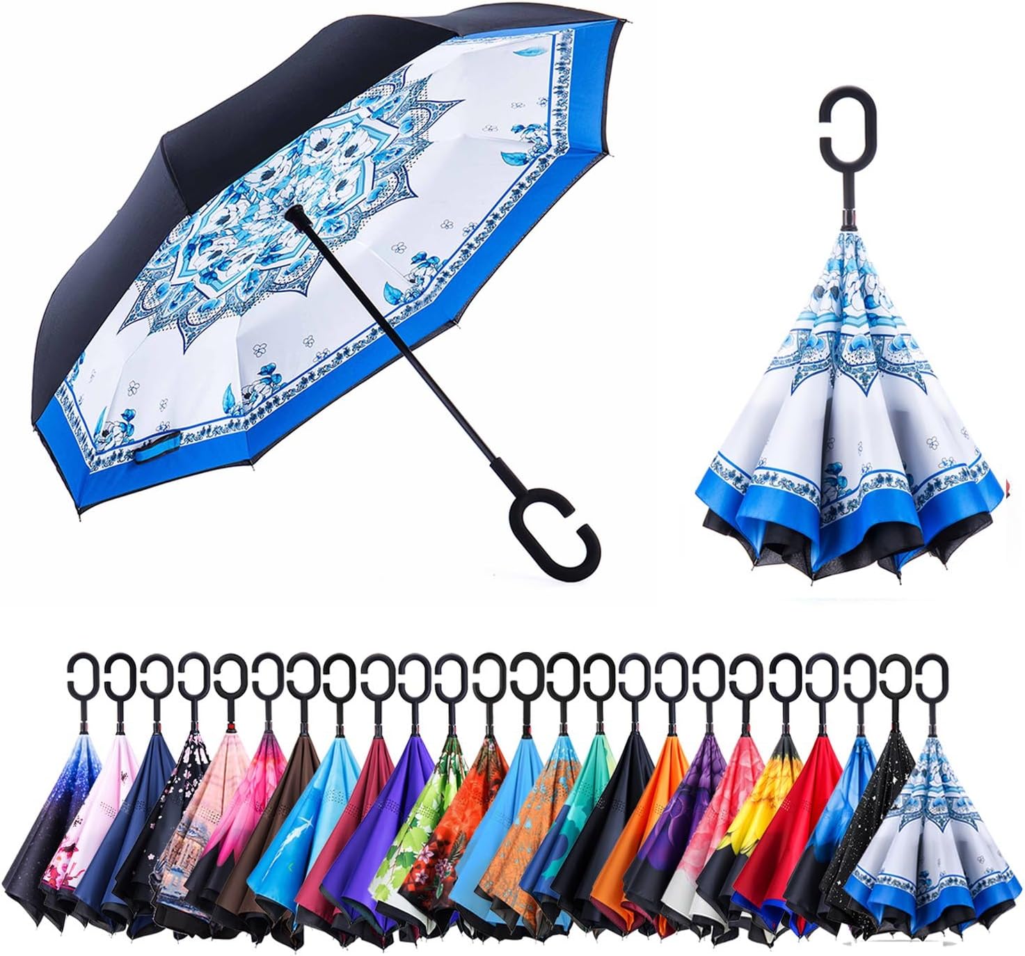 Newsight Reverse Umbrella, Double Layer Inverted Umbrella Upside Down, Self Stand, C Shape Handle, Inverse Inside Out Folding for Car, Windproof, Waterproof, Sun Protective (Pomelo_Design)