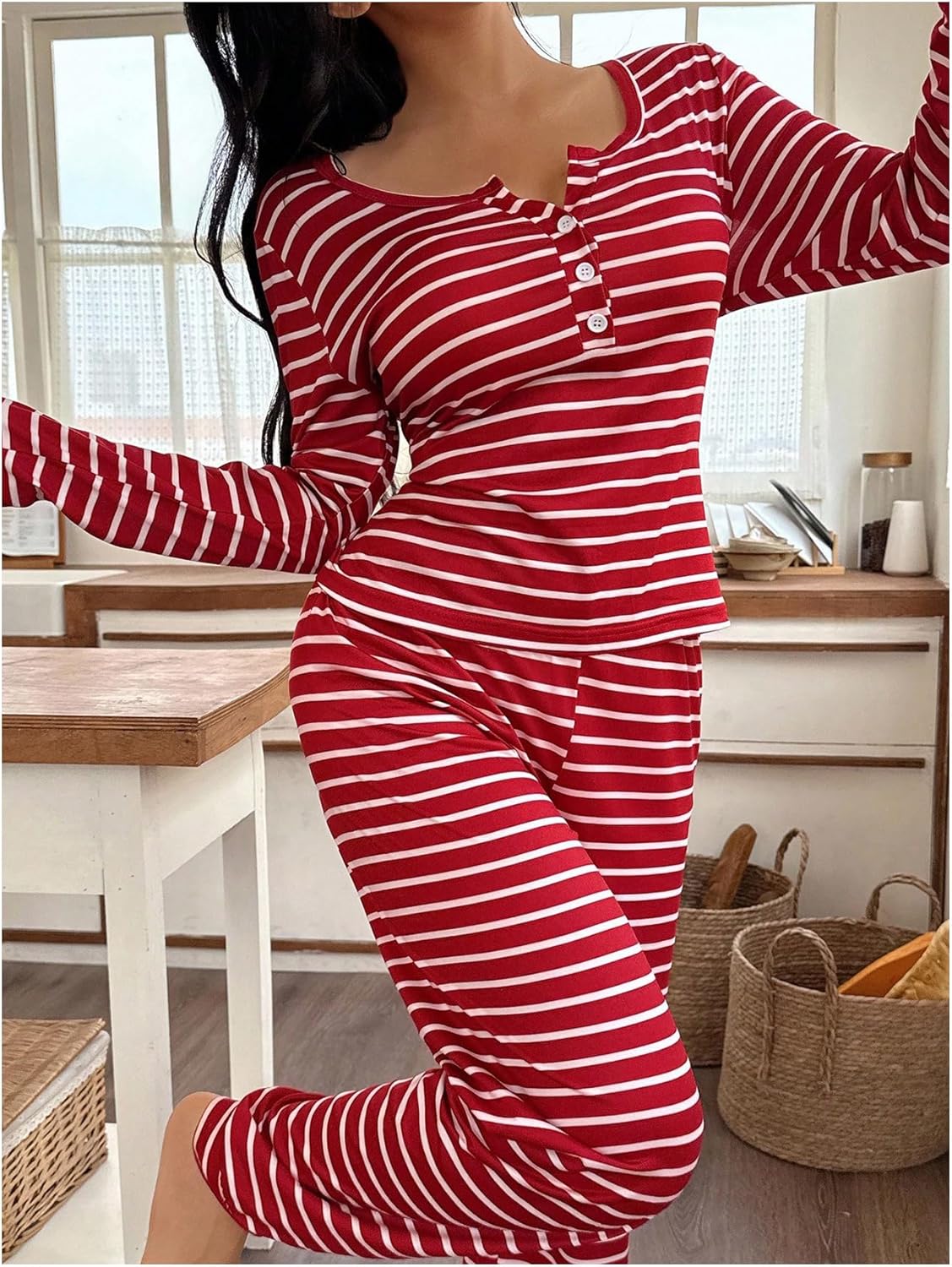 Verdusa Women's 2 Piece Striped Pajama Set Button Up Long Sleeve Fitted Tops and Pants Comfy Pjs - Image 4