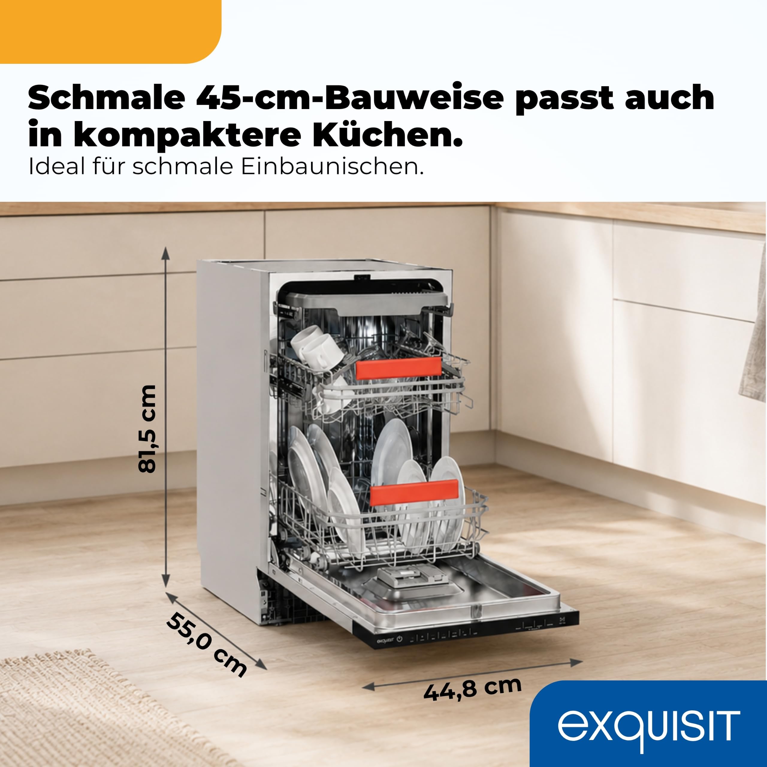 Exquisit Vollintegrierbarer Geschirrspüler 11 Maßgedecke | Energieklasse C | 8 Programme | Eco, Intensiv & Glas | Aquastop | Besteckschublade | Extra-Trocknung | Startzeitvorwahl | LED-Fußbodenanzeige