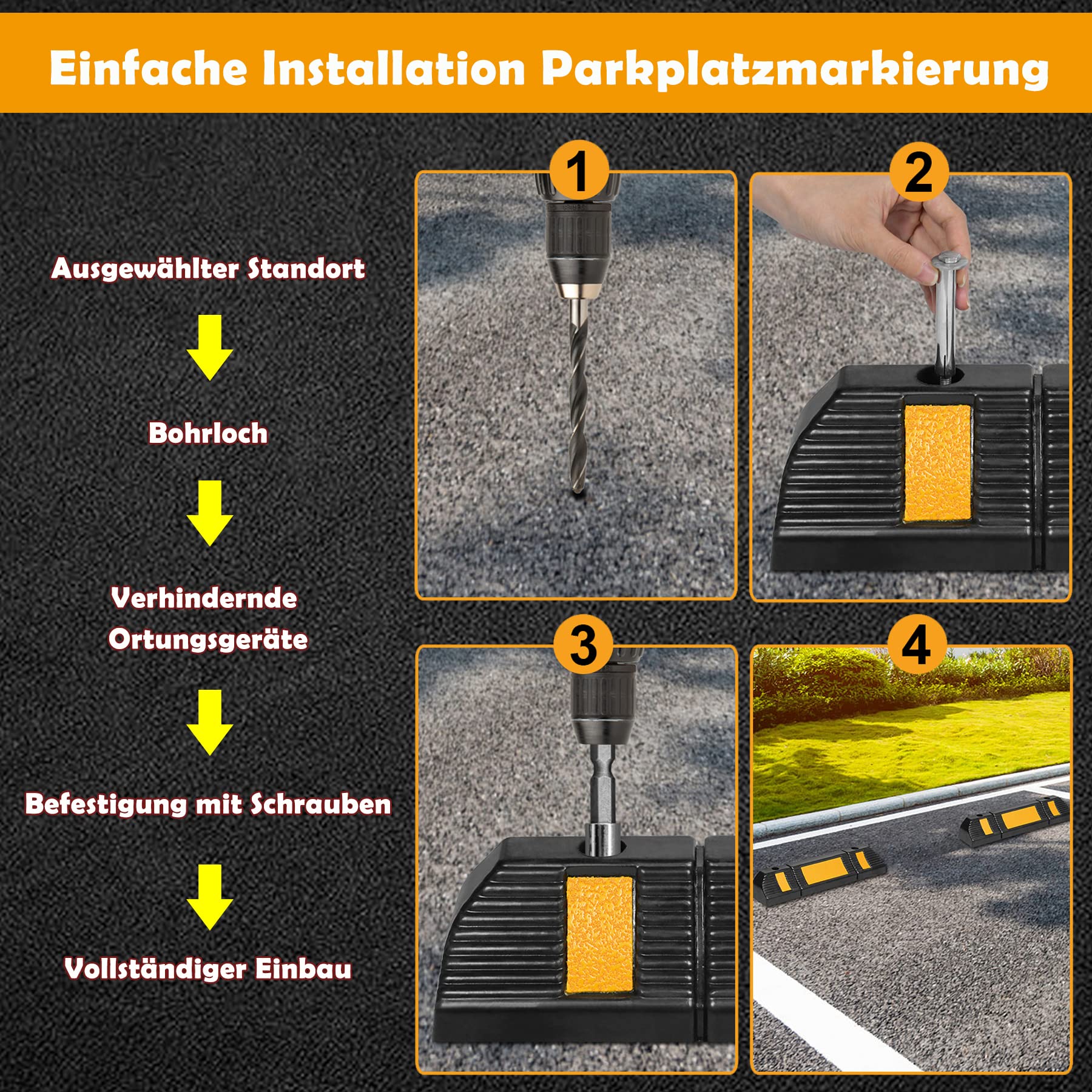 Fermaruota Sonnewelt 4 Pezzi Con Strisce Gialle Riflettenti - Parcheggio Preciso Per Garage E Box Auto - Foto 12