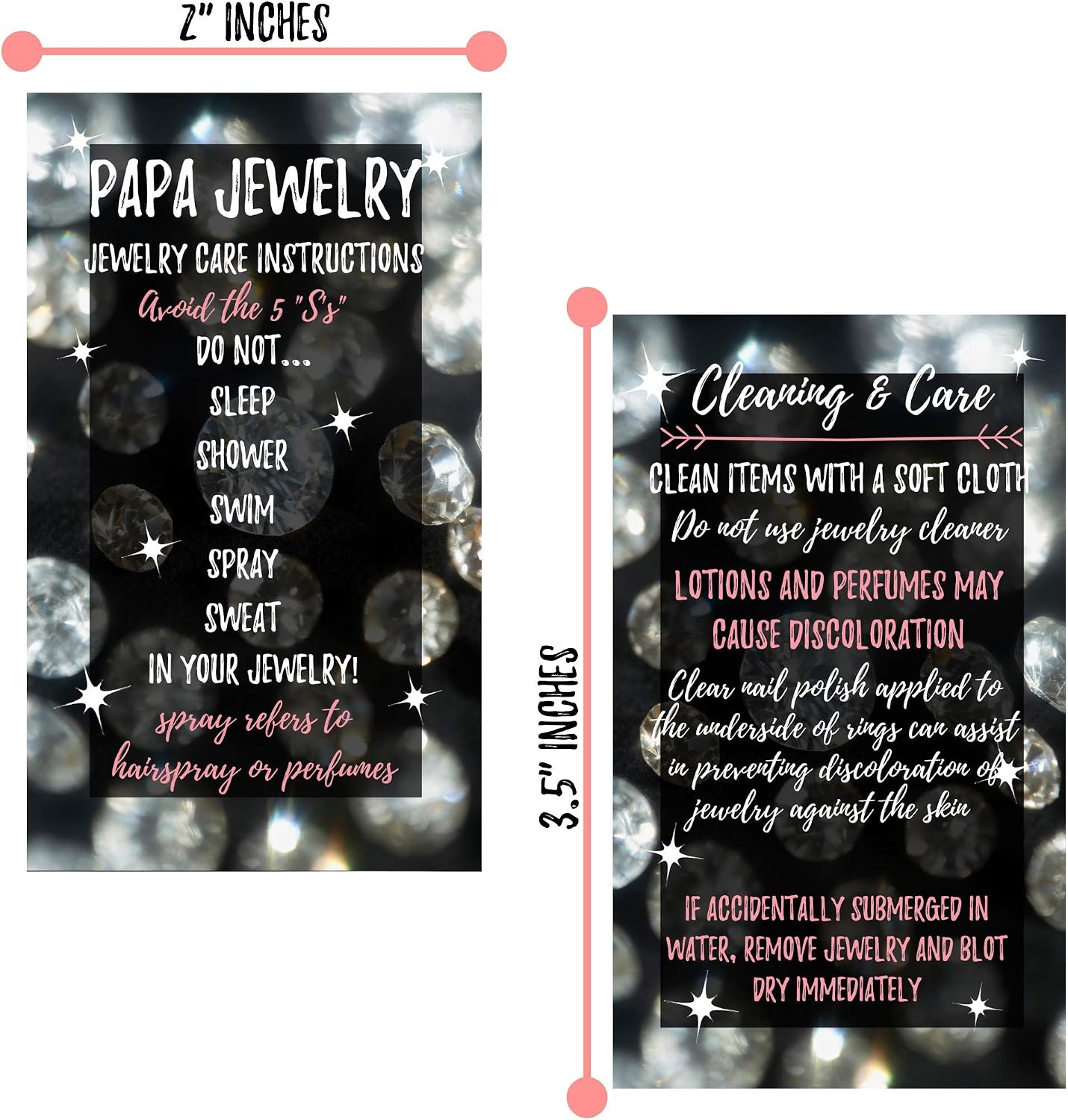 Jewelry Cleaning and Care Cards for Papa | Package of 50 | Bling Silver Diamond with Sparkle | Jewelry Bling Queen Care Instructions Ask Me About my $5 Jewelry