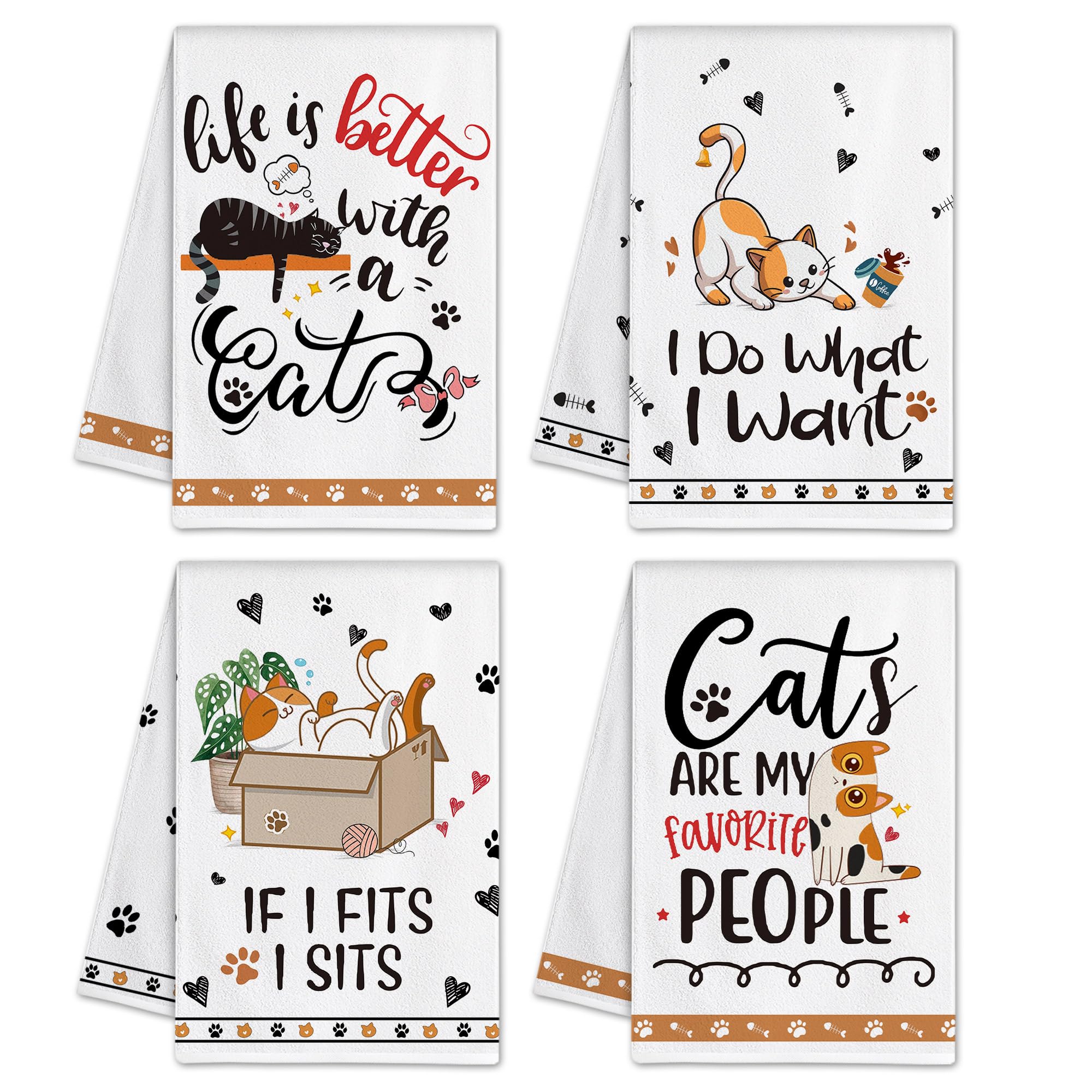 Hexagram Cat Kitchen Towels Set of 4, Cat Lover Gifts for Women, Funny Cute Housewarming Dish Hand Towels for Home Kitchen Decor