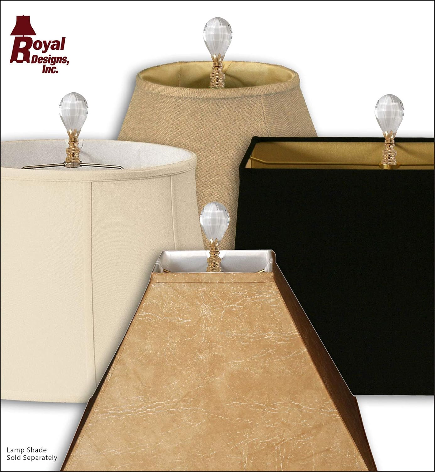 Royal Designs Faceted Simple Balloon Design Crystal Lamp Finial, Clear with Polished Brass Base (Set of 2)
