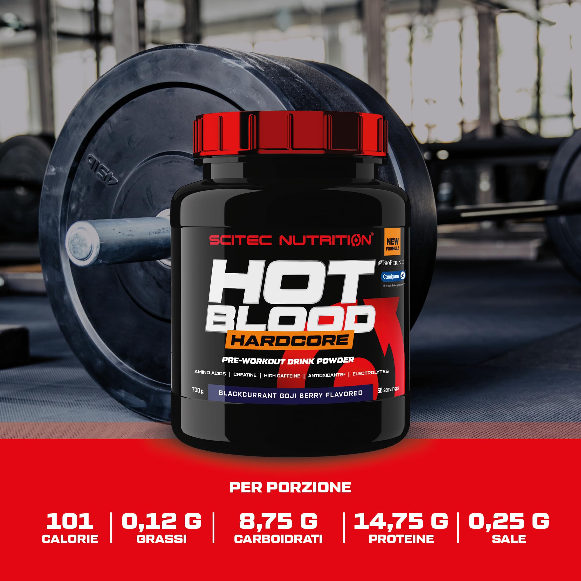 Scitec Nutrition Hot Blood Hardcore, Bevanda pre-allenamento in polvere con aminoacidi e creatina, 700 g, Guaranà
