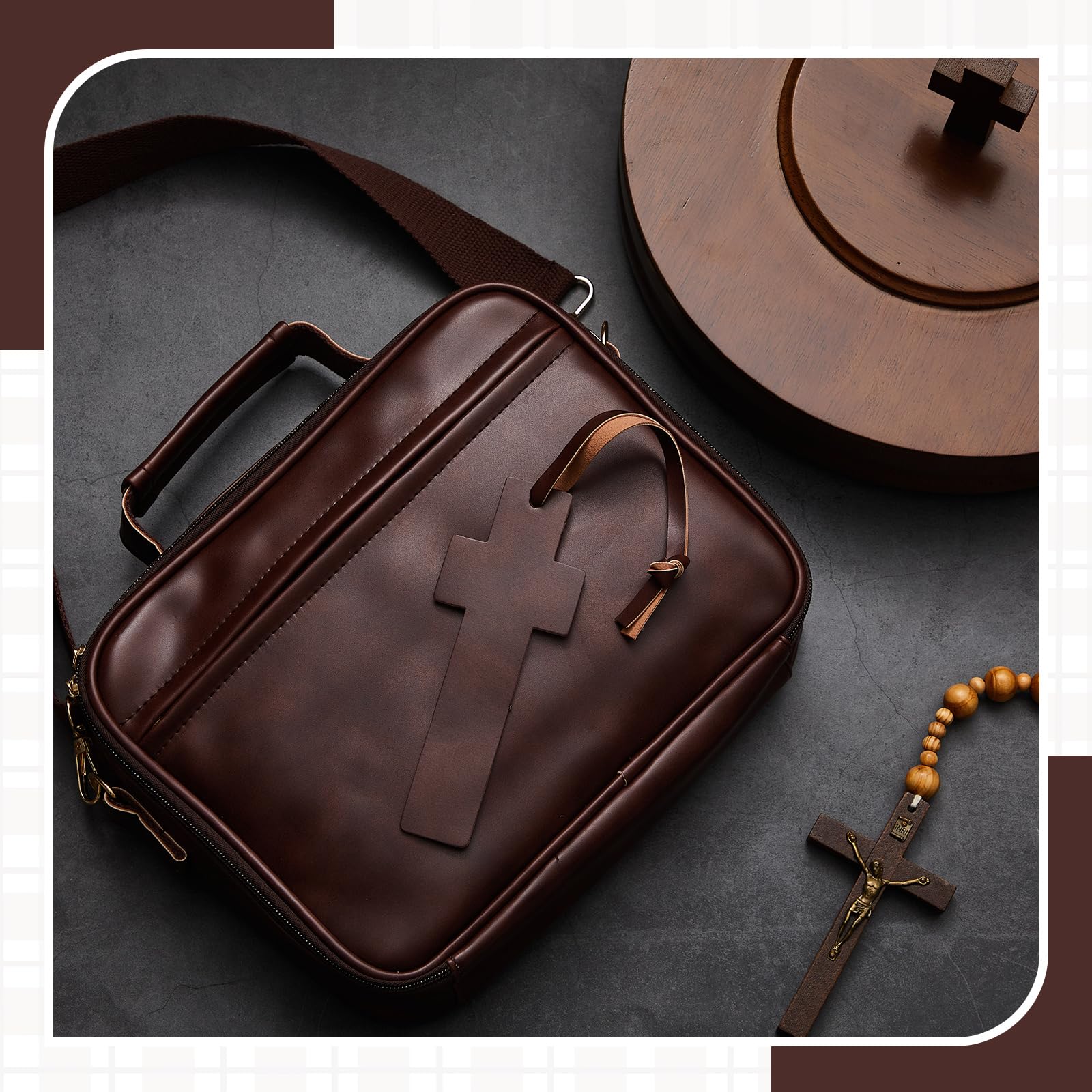 Sinload Étui de bible vintage en cuir avec onglets de la Bible, 4 stylos gel, 8 surligneurs, étui de bible avec bandoulière pour étude, sac d'église fabriqué à la main et cadeau religieux pour homme