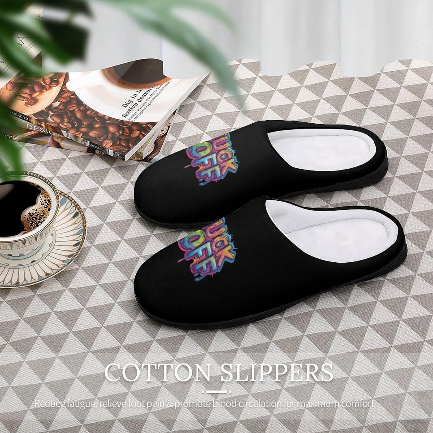 Fuck Off Men's Cotton Slippers Soft House Shoes Anti-Skid Bedroom Slipper for Home Outdoor