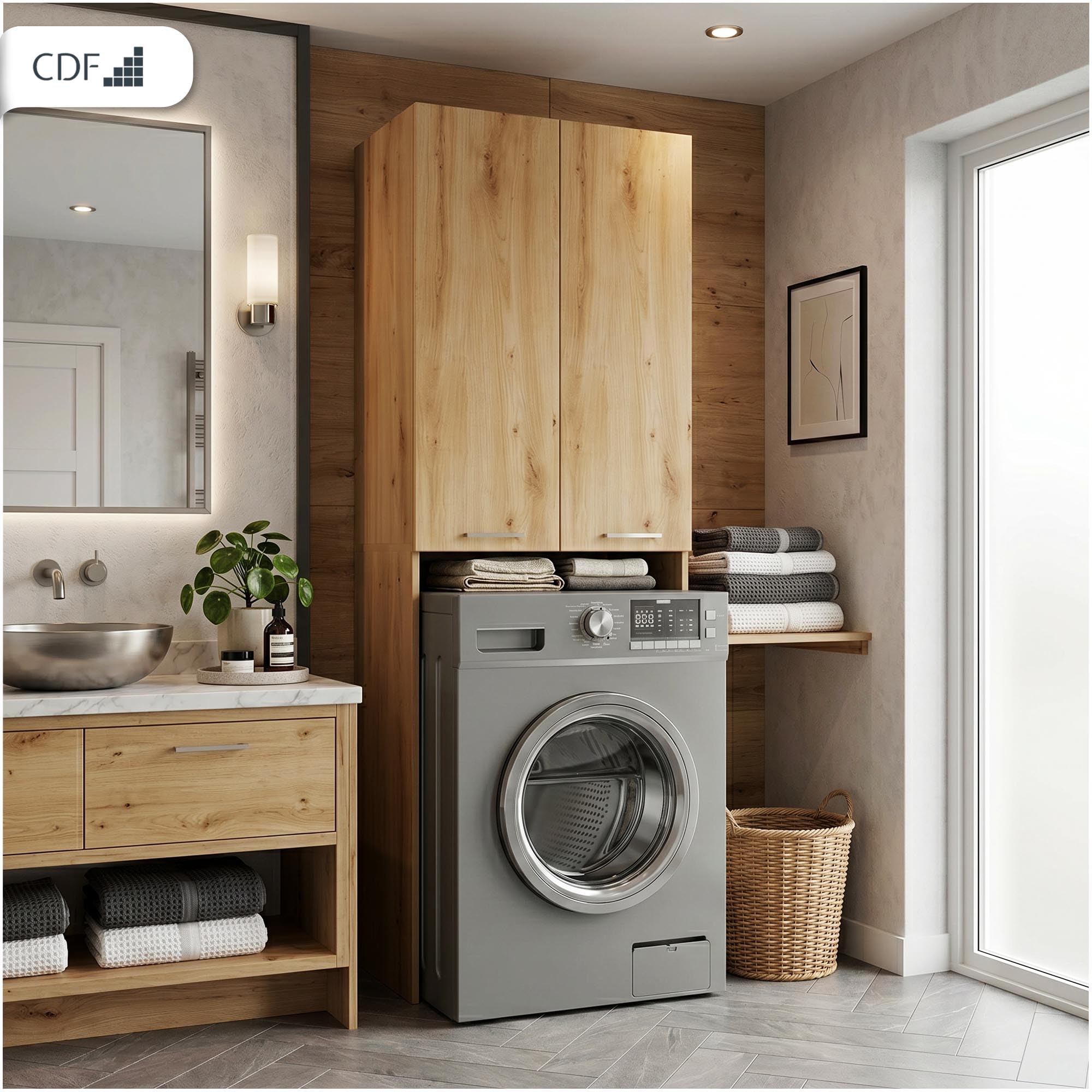 CDF Mueble Alto para Lavadora Secadora Armario Alto de Baño WC Cocina con 4 Estantes 2 Puertas Columna Organizador Cosméticos Detergente Estantería Moderna – Roble Artisan