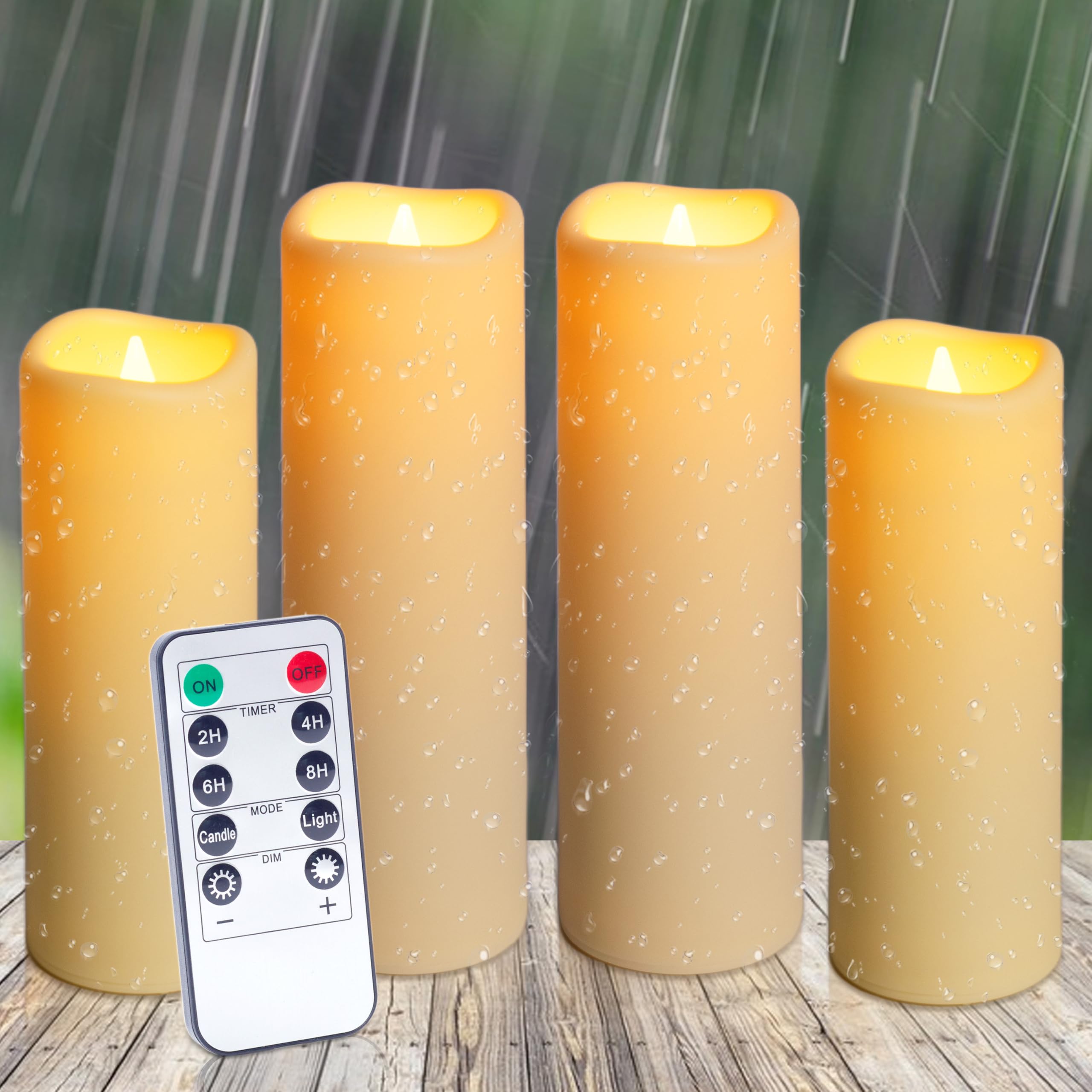 Auralome LED Kerzen Outdoor Wasserdicht - Timer Fernbedienung Flammenlose Große Kerze Set Flamme Batterie Elektrische Timerfunktion Stumpenkerzen Flackernde Außen Kunststoff Kerzen Weiß Deko 4 Stück