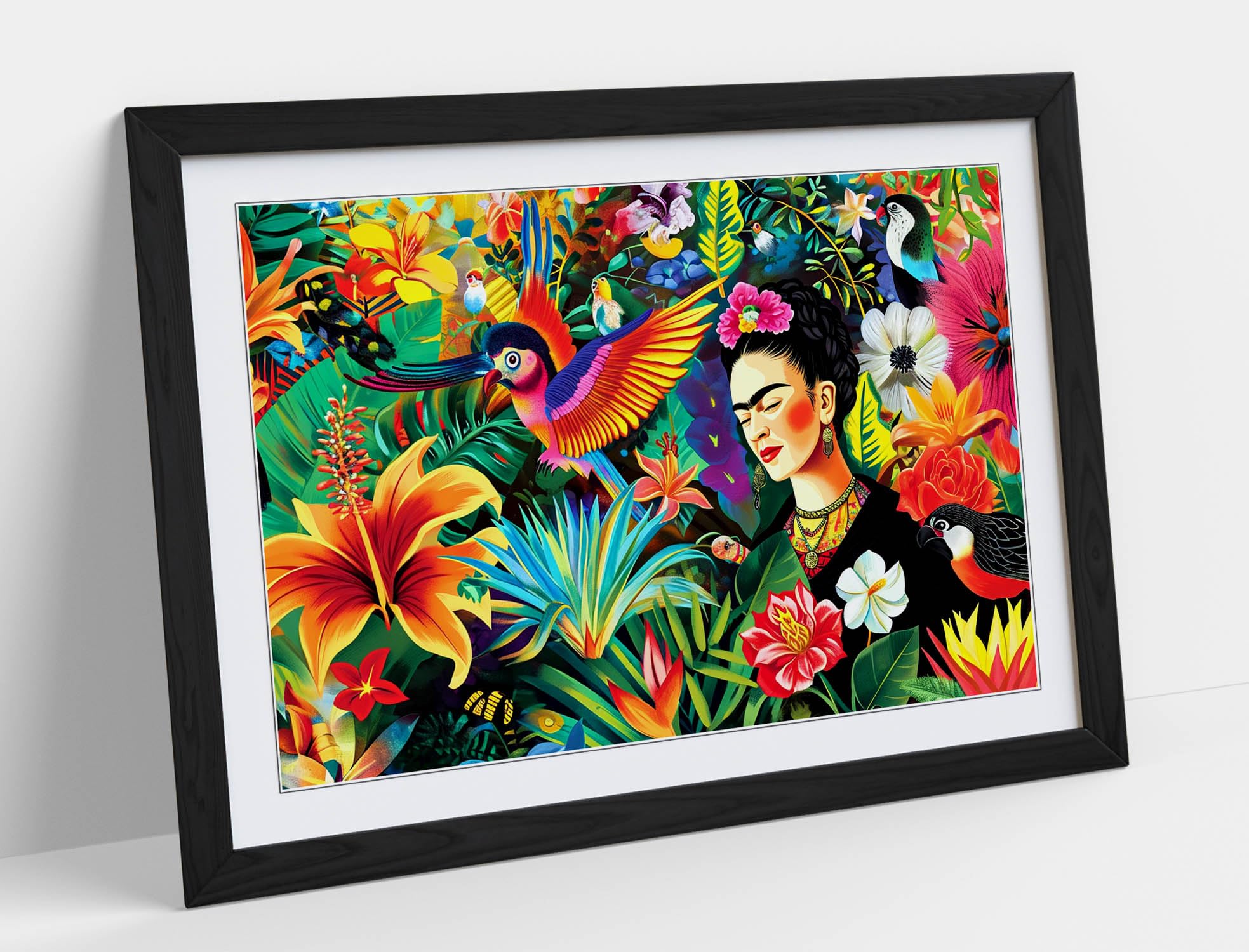 A vibrant tropical fiesta through Frida Kahlos eyes Stunning Framed Wall Art Print Picture - A3 - Black Frame